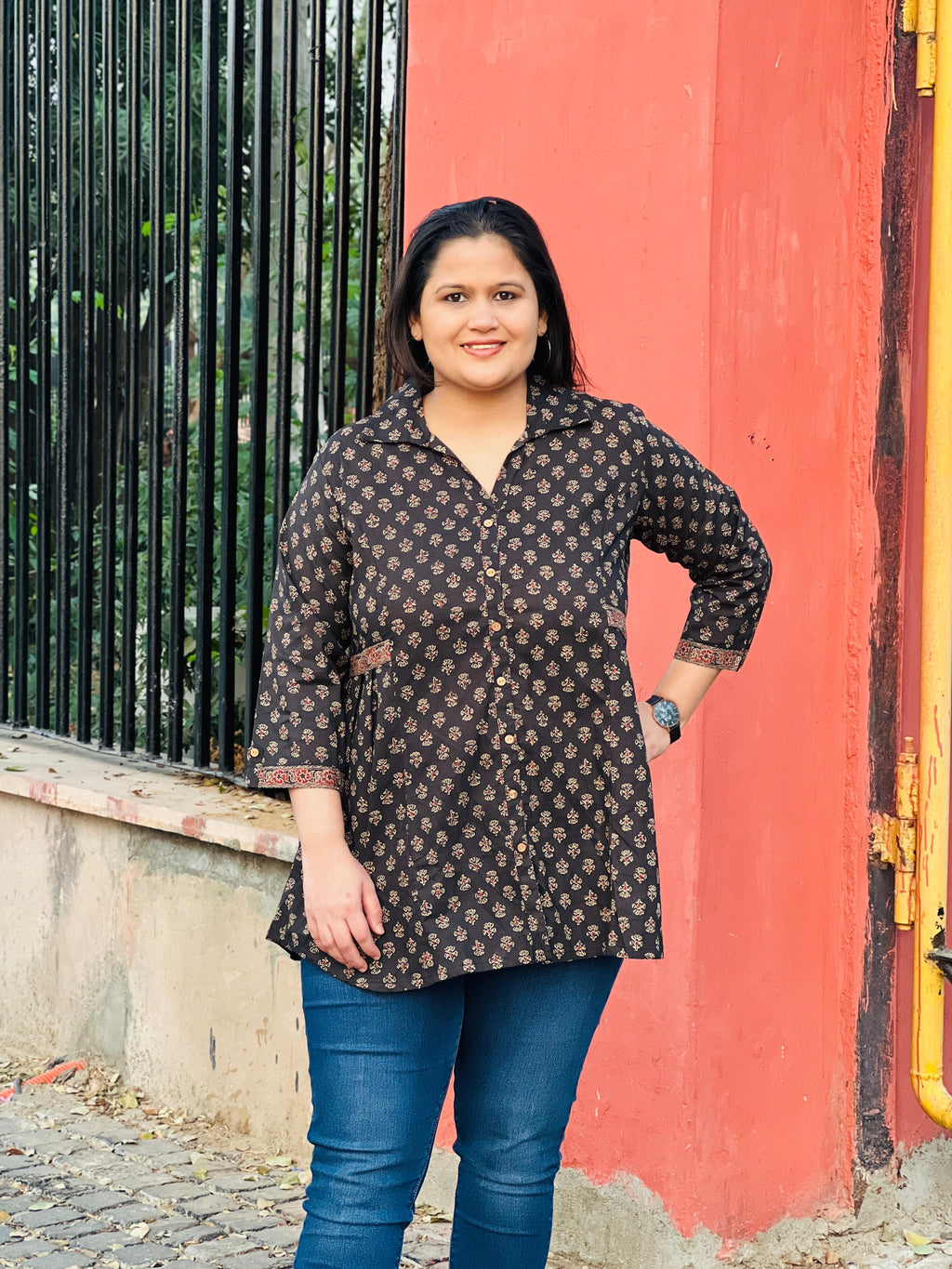 Collared Printed Cotton Short Kurti