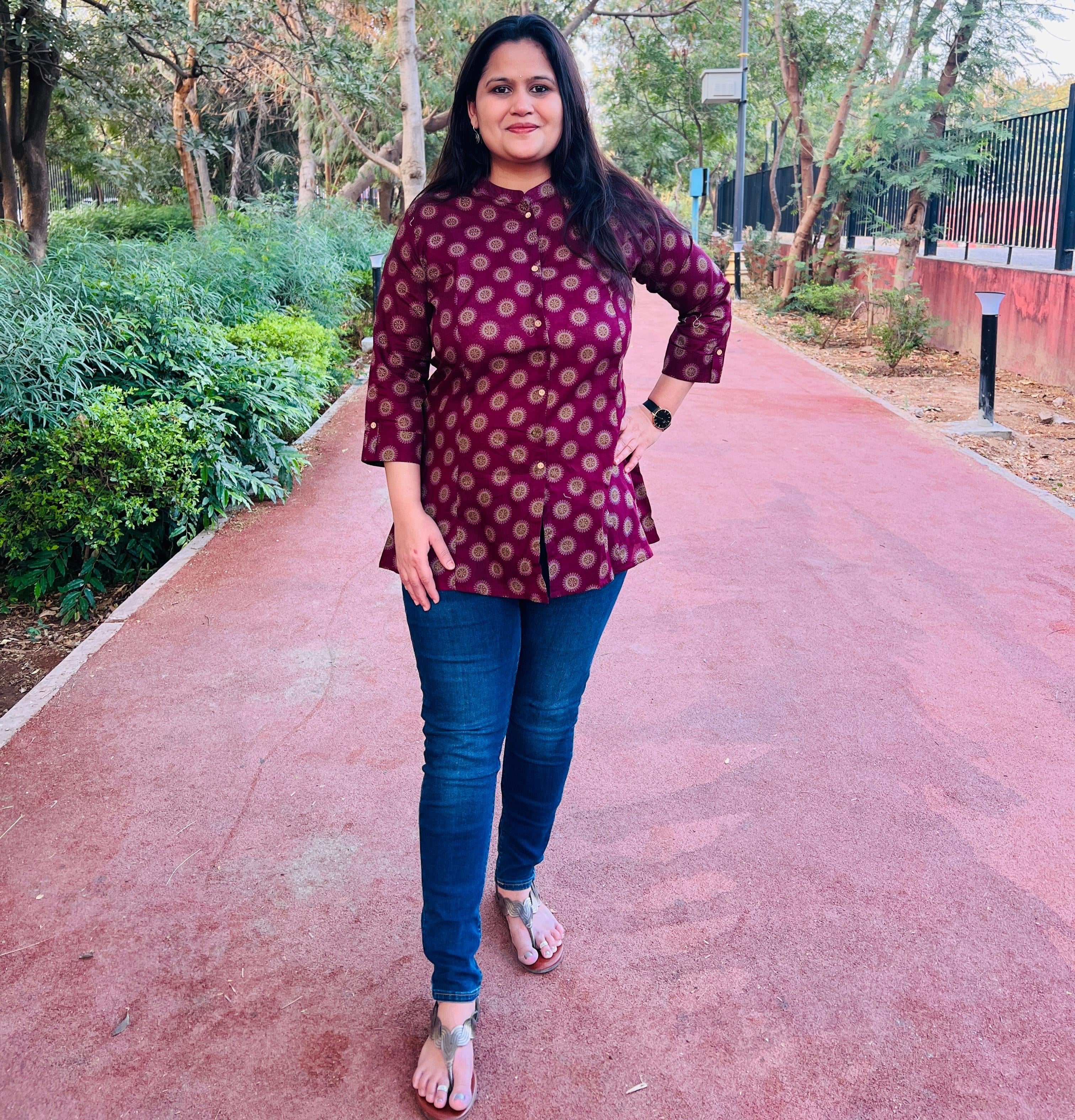 Magenta Printed Cotton Short Kurti