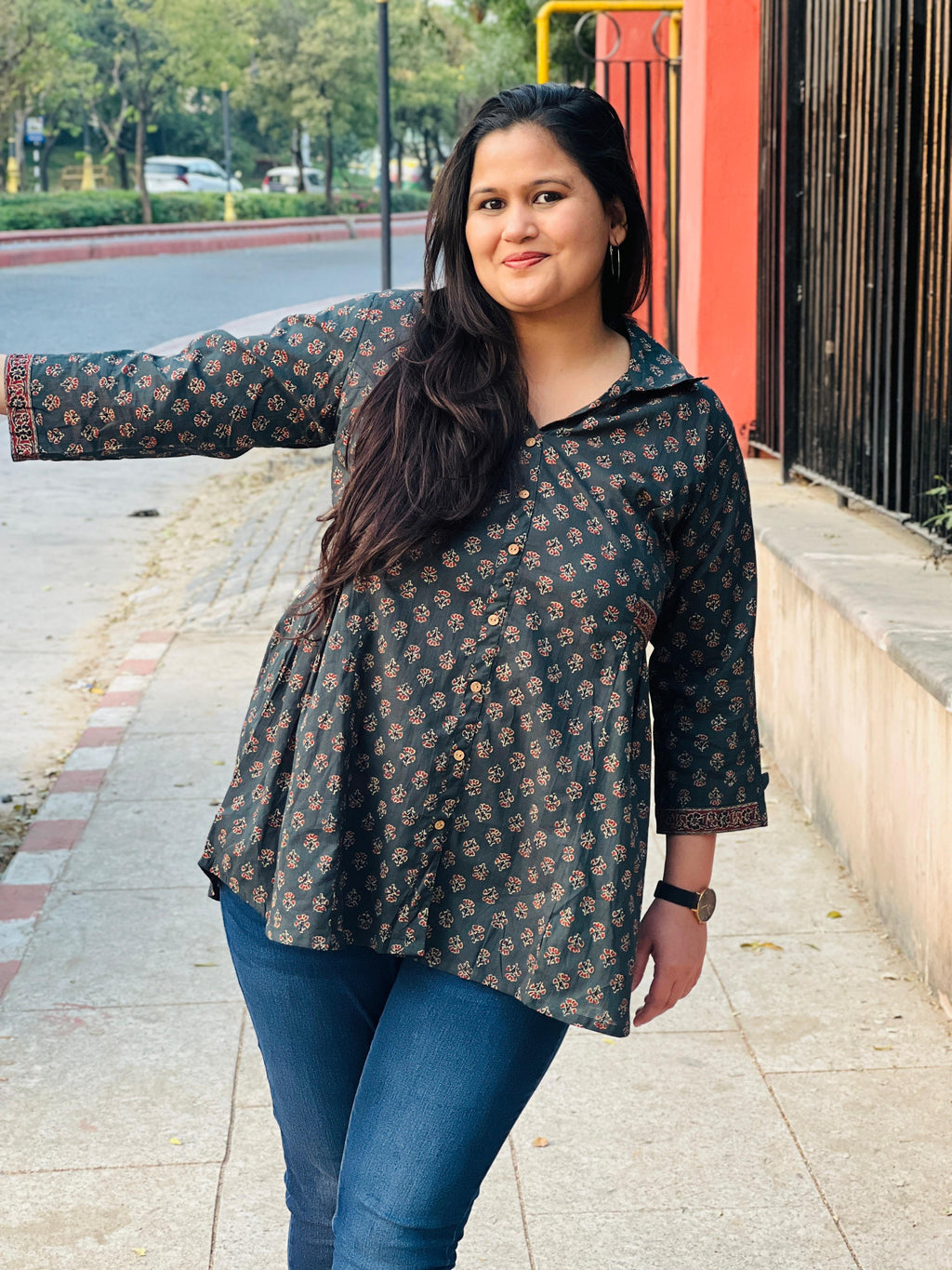 Collared Printed Cotton Short Kurti