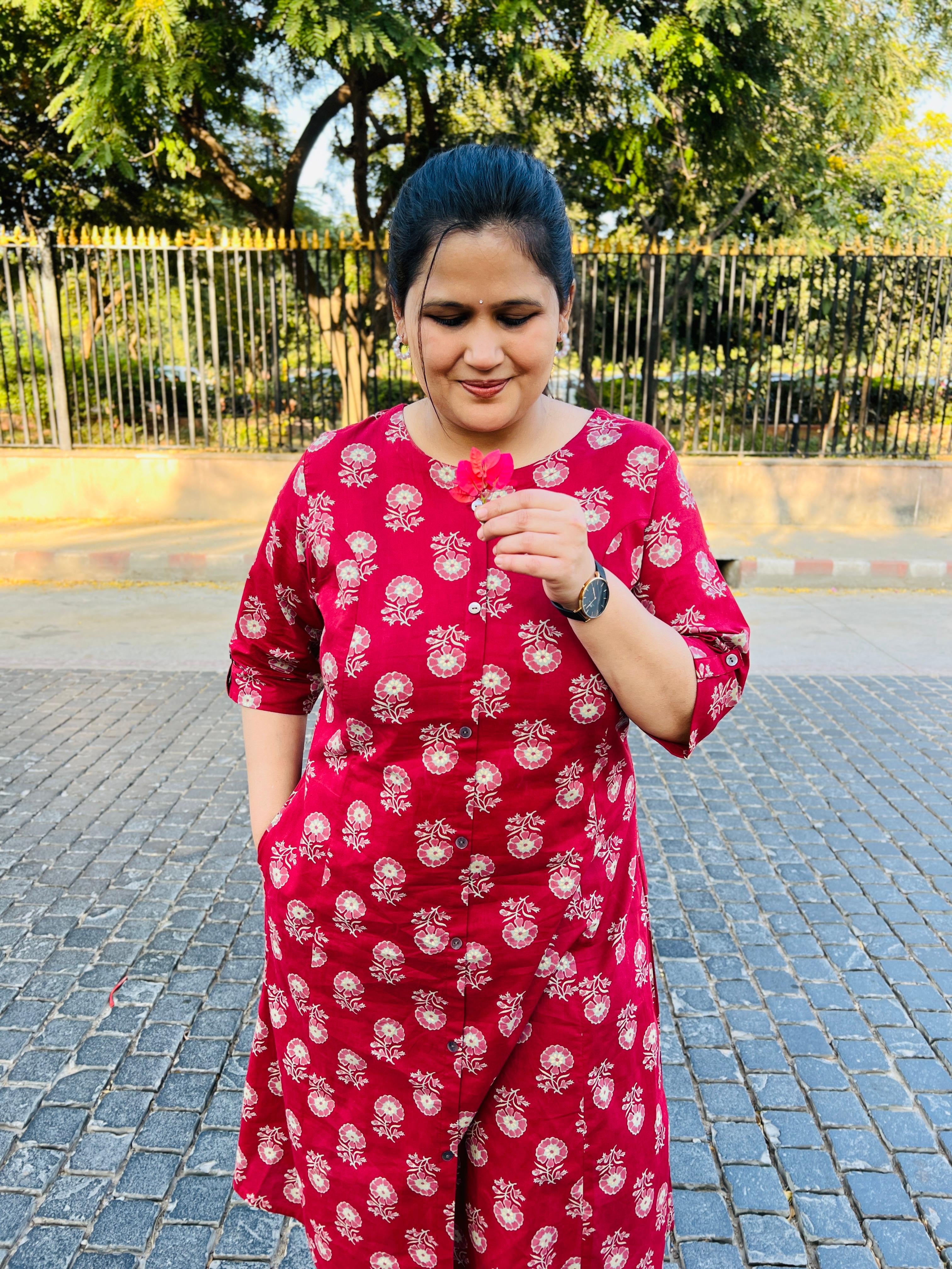 Red Printed Cotton A-Line Kurta