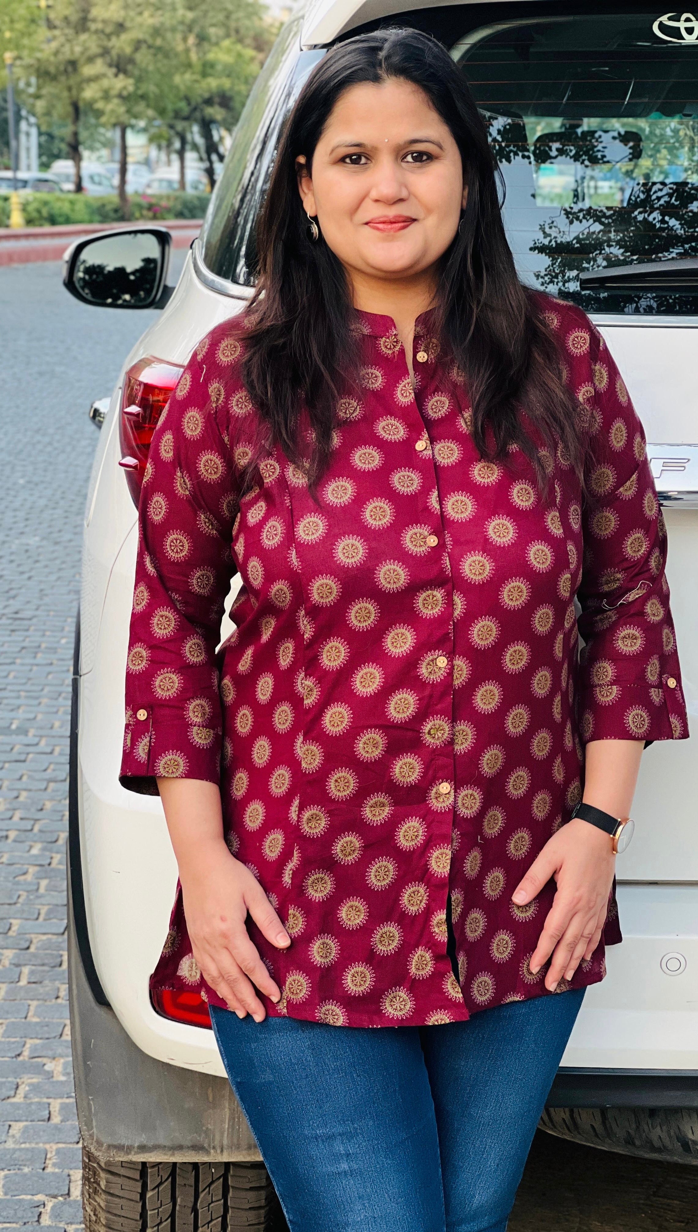 Magenta Printed Cotton Short Kurti