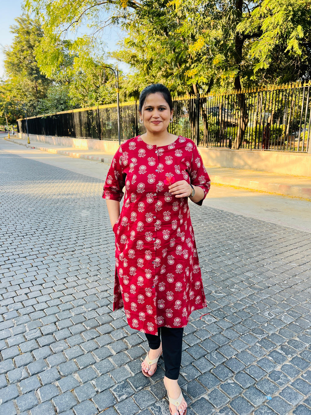 Red Printed Cotton A-Line Kurta