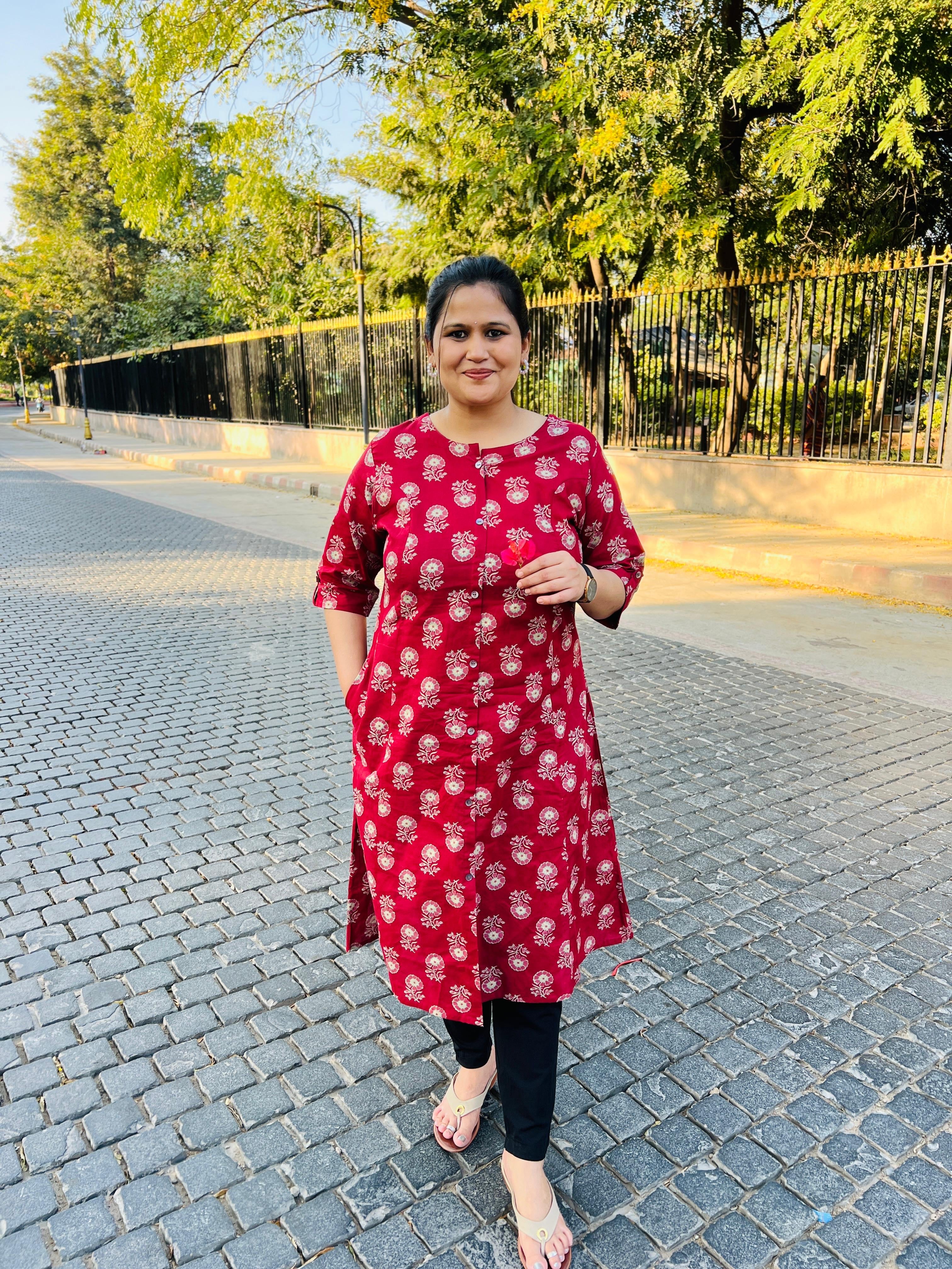 Red Printed Cotton A-Line Kurta