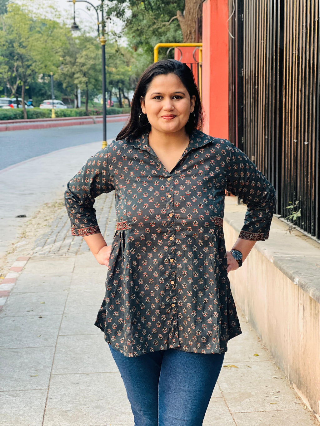 Collared Printed Cotton Short Kurti