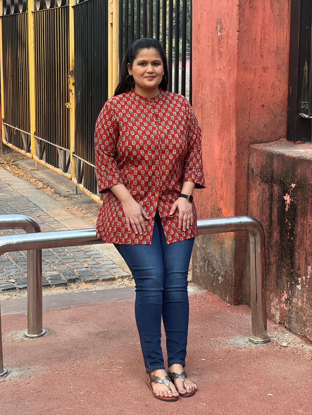 Red Printed Cotton Short Kurti