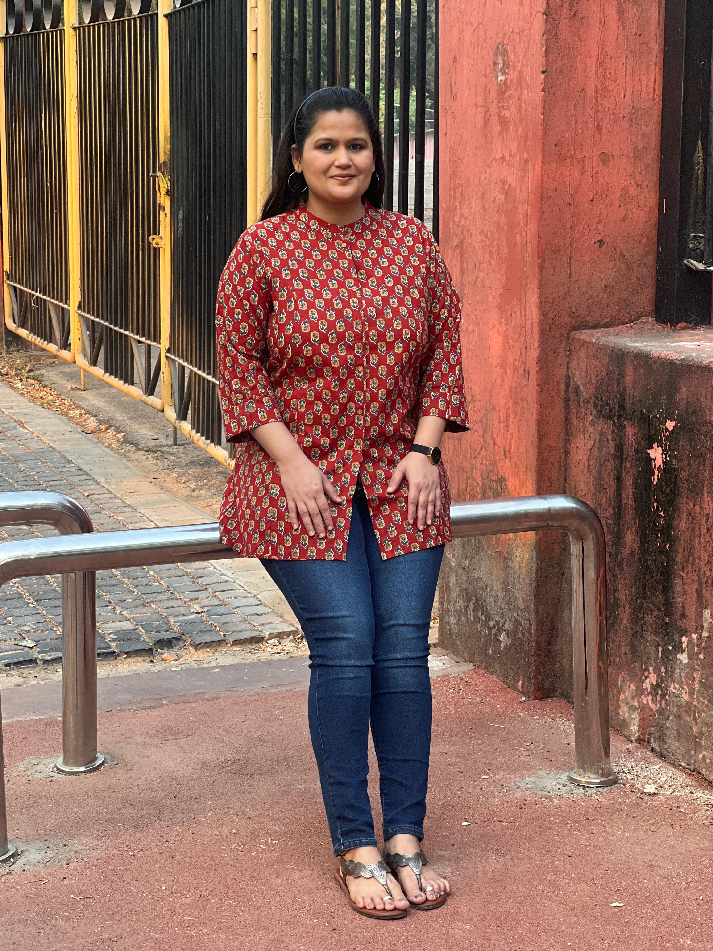 Red Printed Cotton Short Kurti