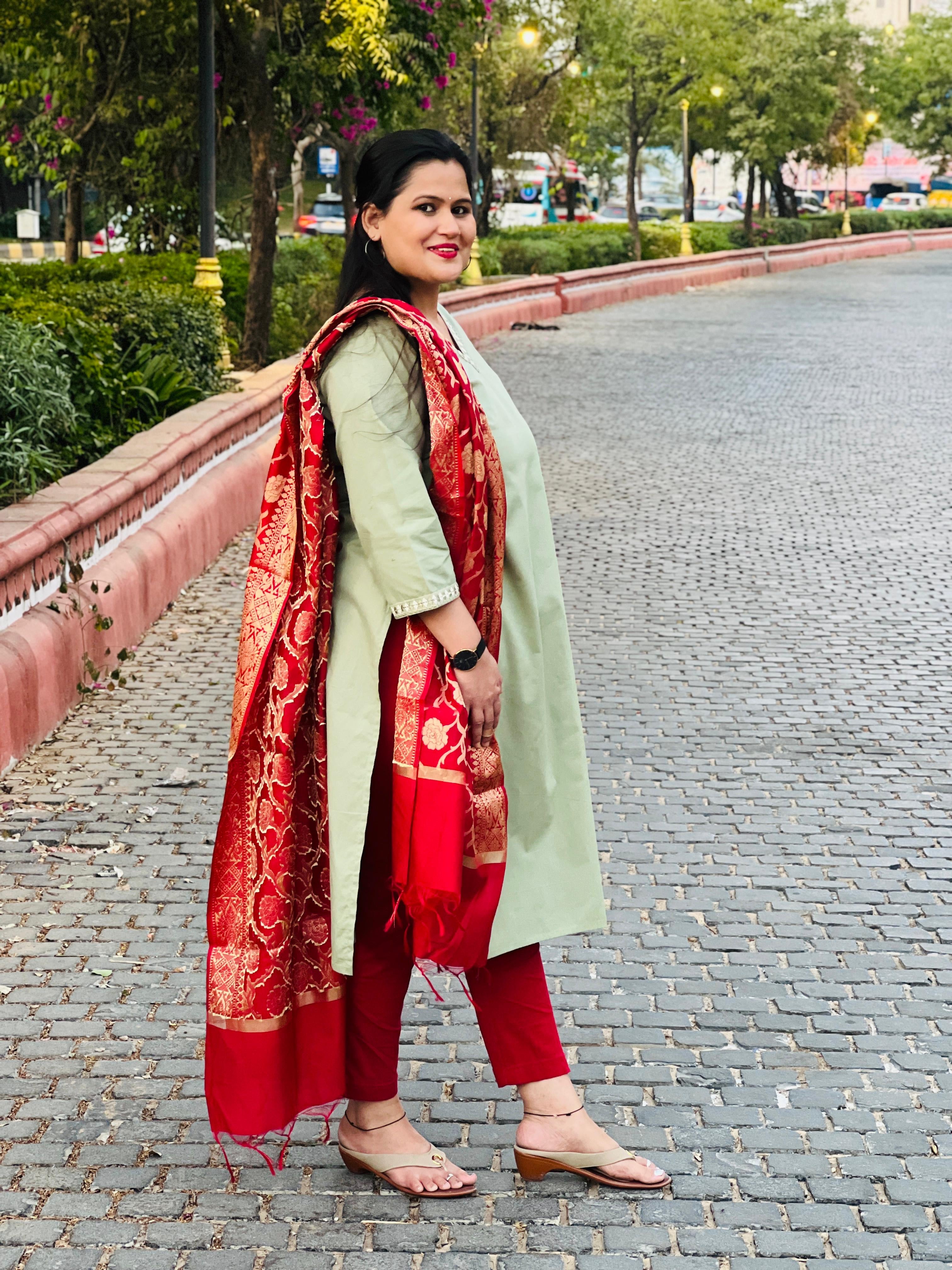 Sage Premium Cotton V- Neck Kurta with Lace
