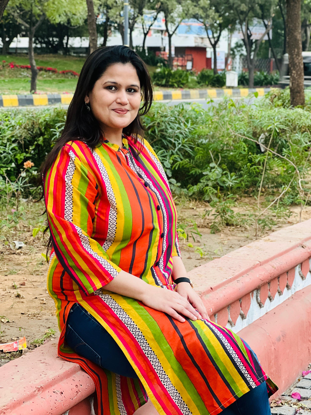 Multi-color Mandarin Collar Casual Straight  Kurta
