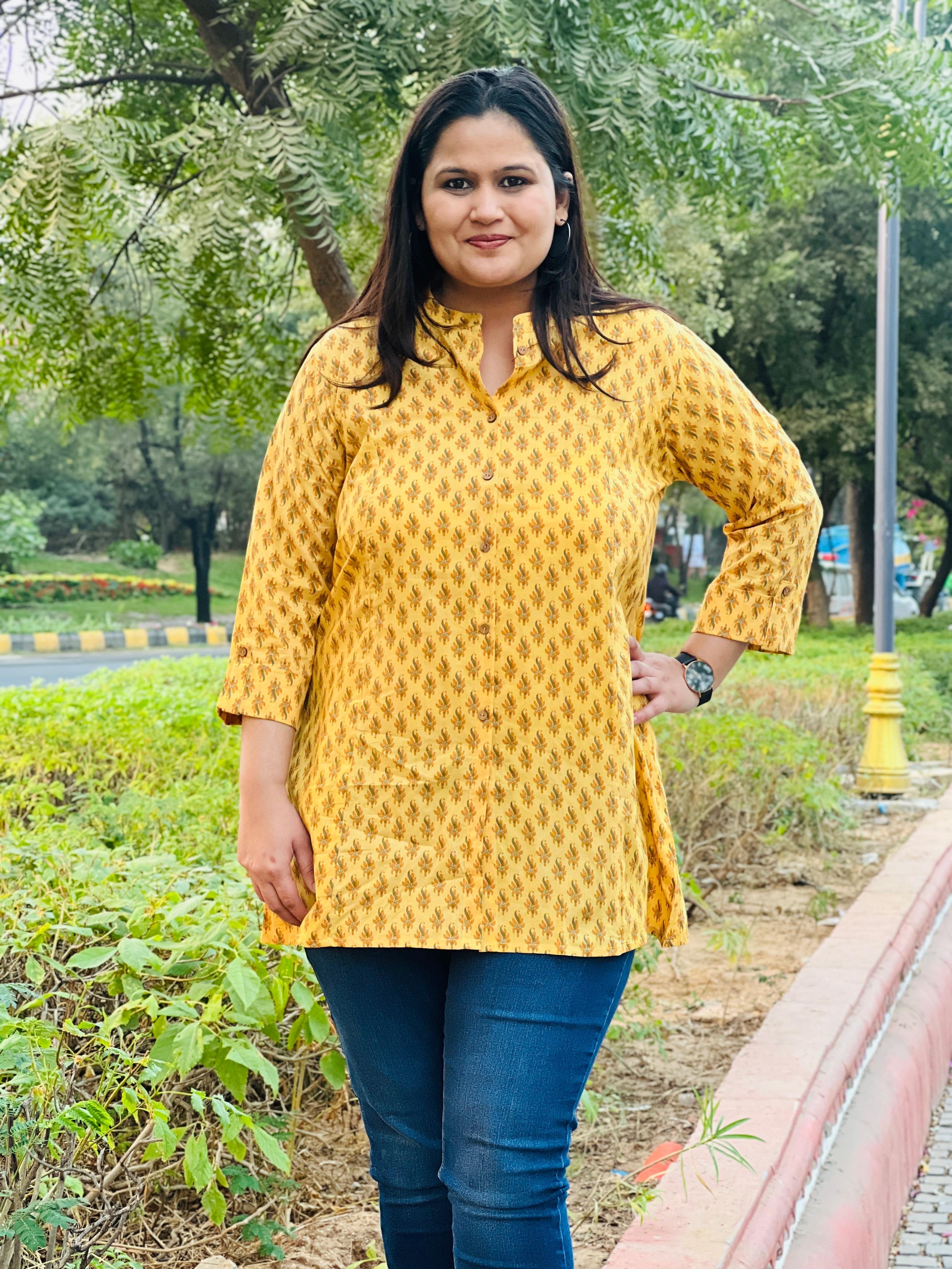 Yellow Printed Cotton Short Kurti