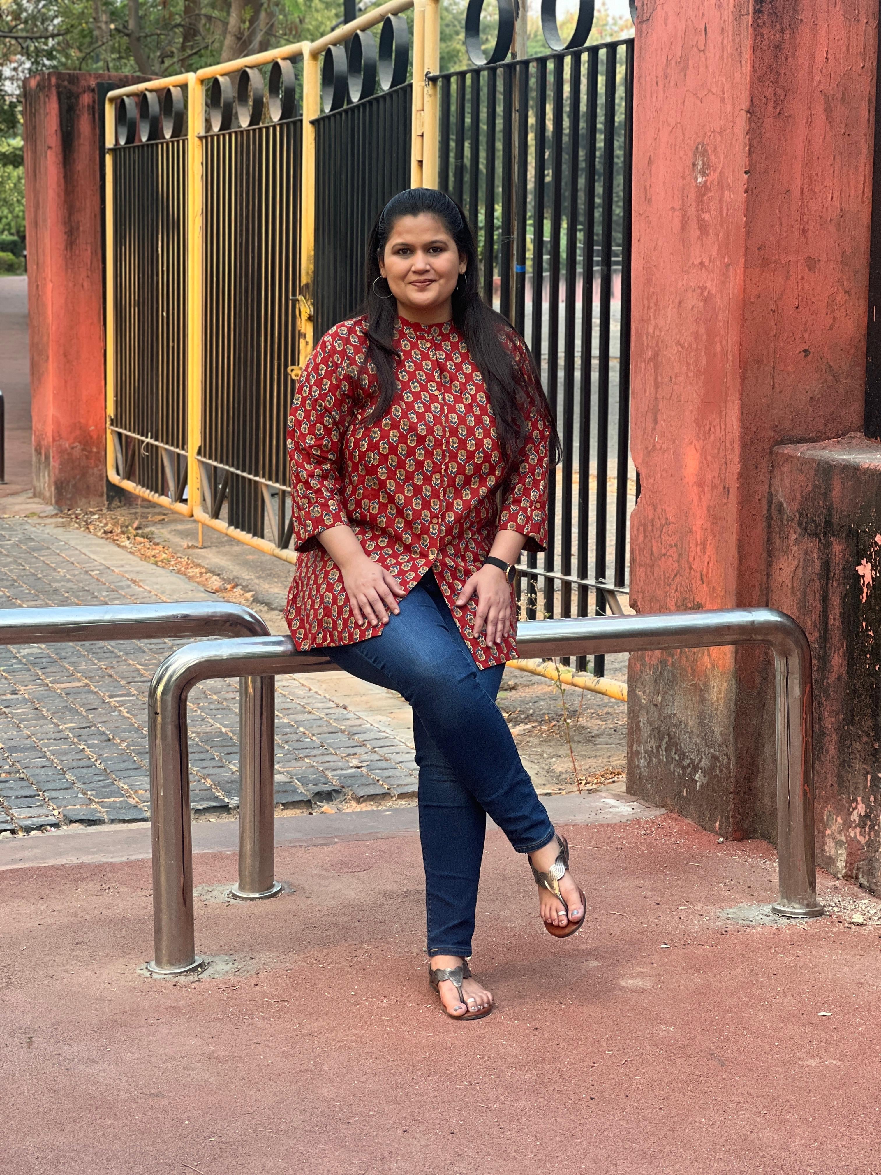 Red Printed Cotton Short Kurti