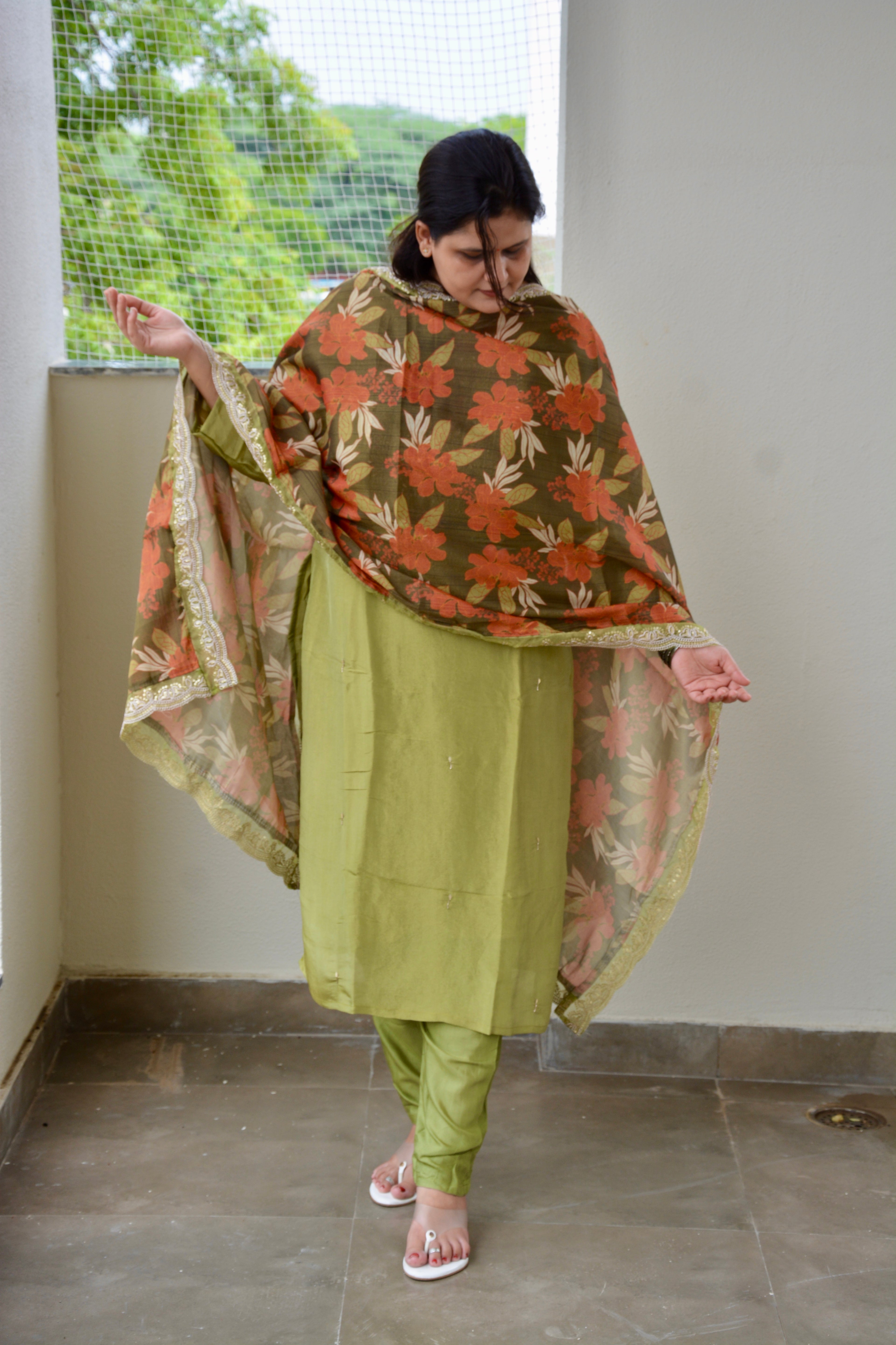 Green Embroidered Straight Suit Set