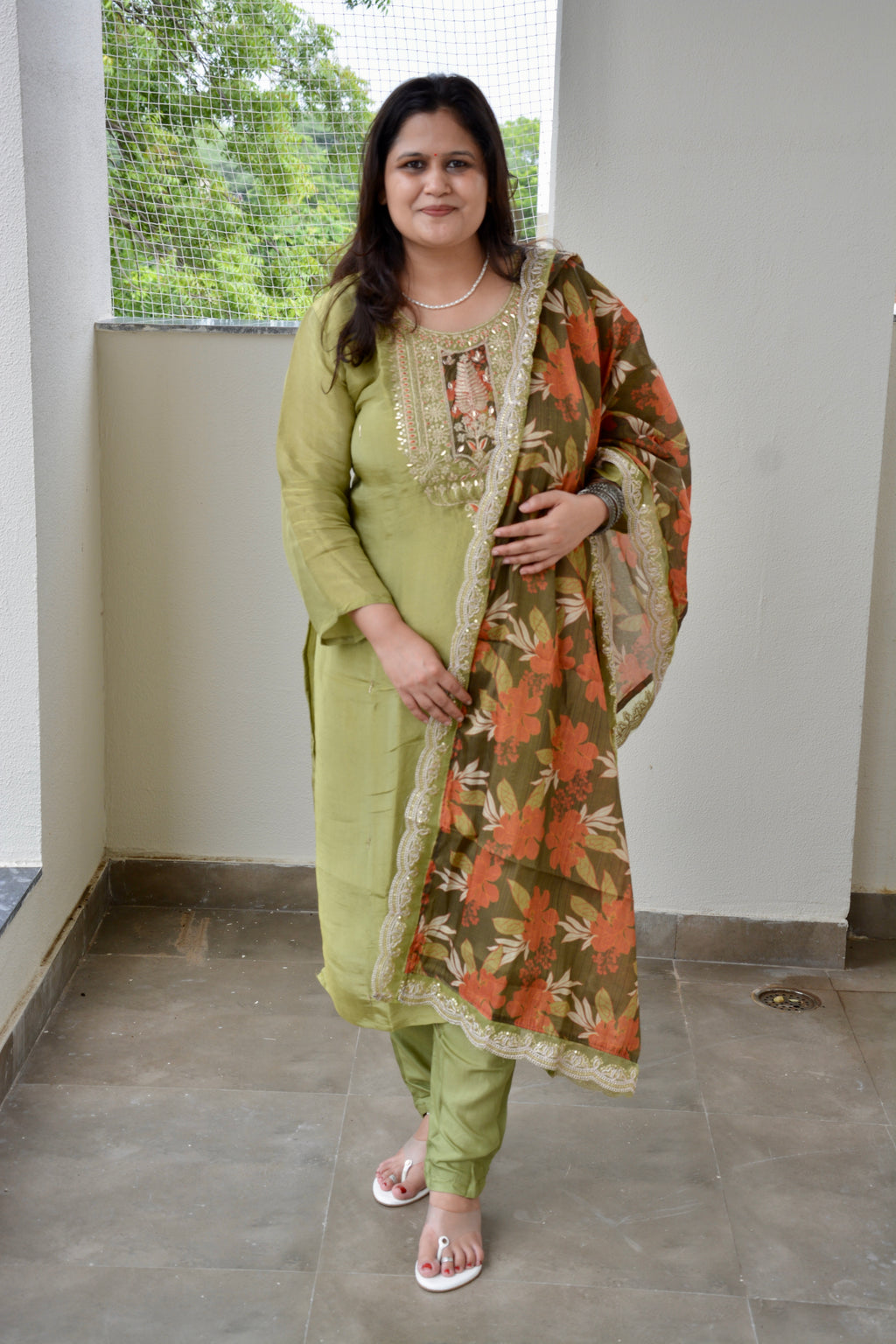 Green Embroidered Straight Suit Set