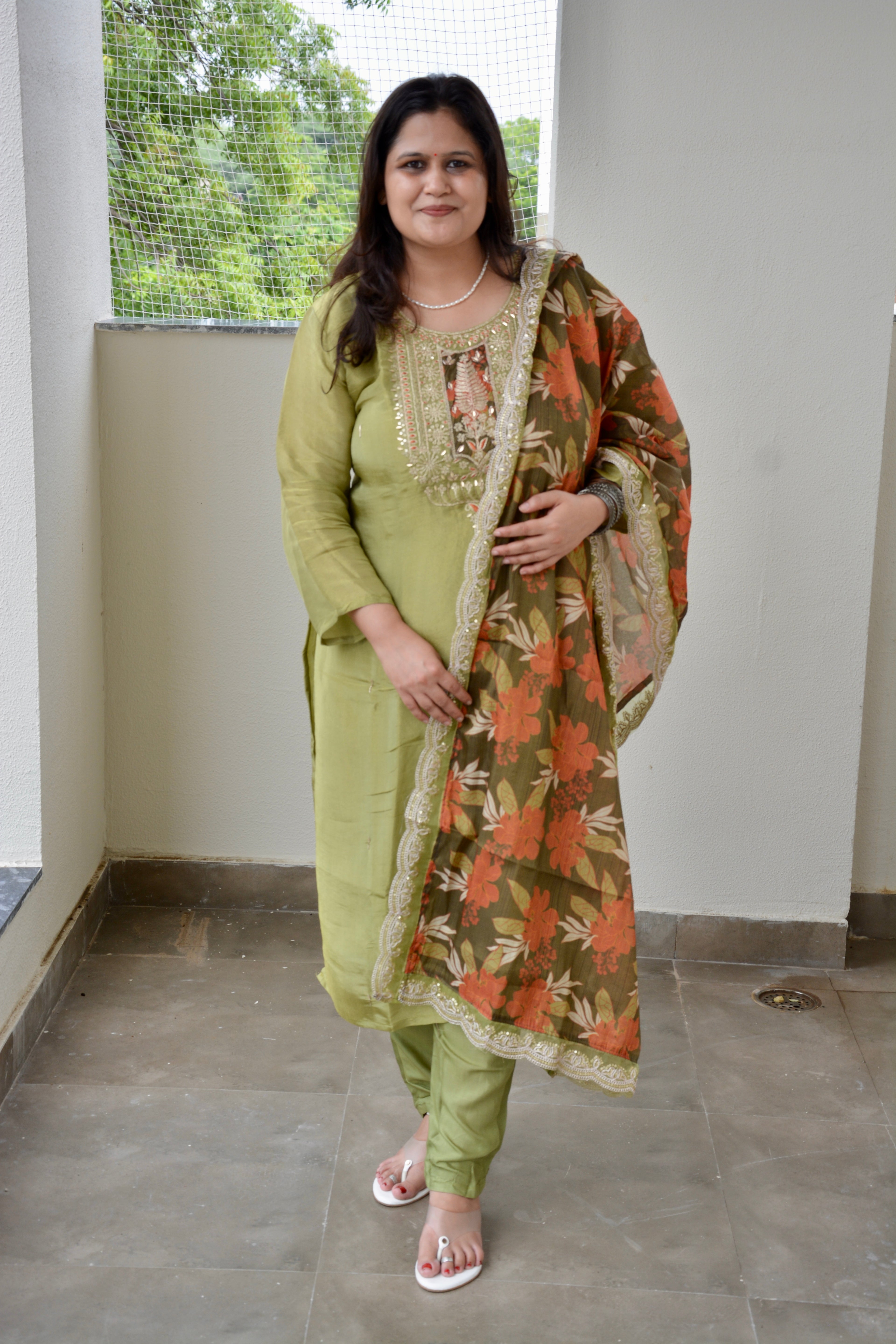 Green Embroidered Straight Suit Set