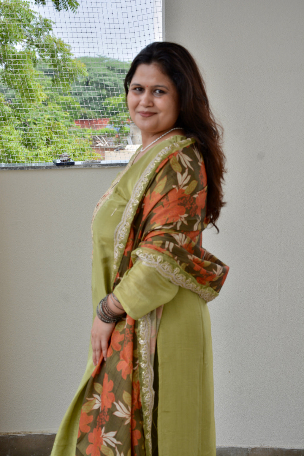 Green Embroidered Straight Suit Set