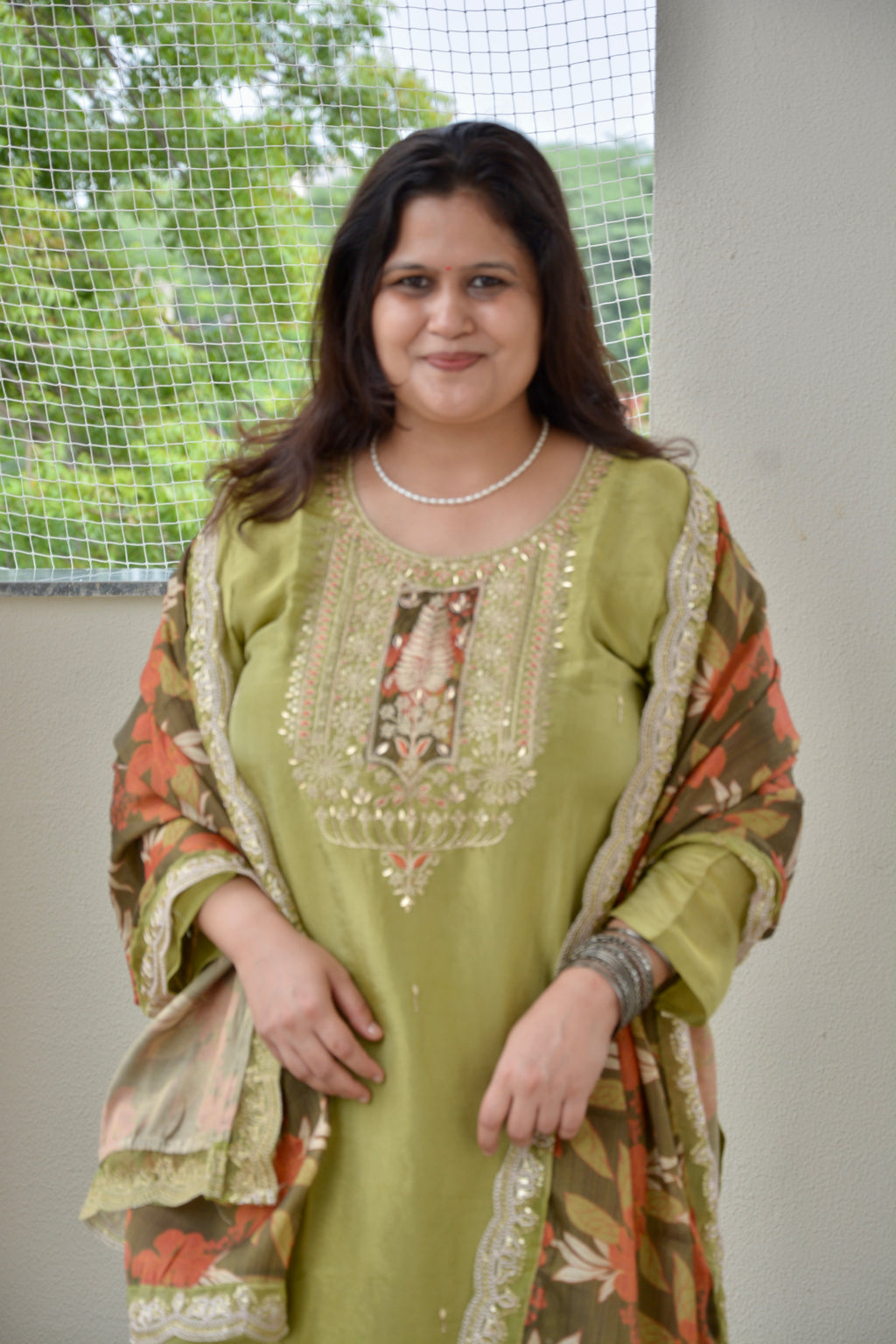 Green Embroidered Straight Suit Set