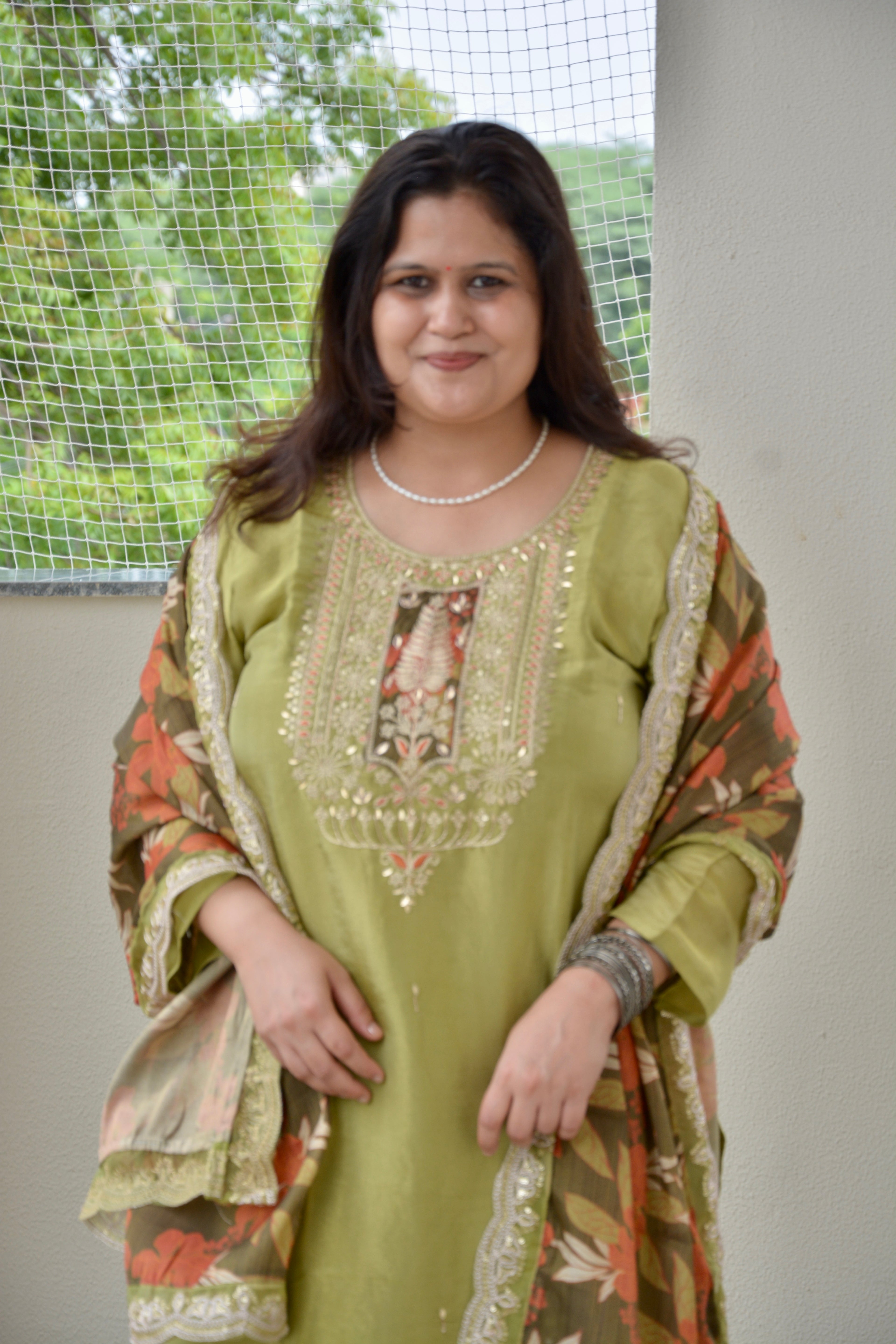 Green Embroidered Straight Suit Set