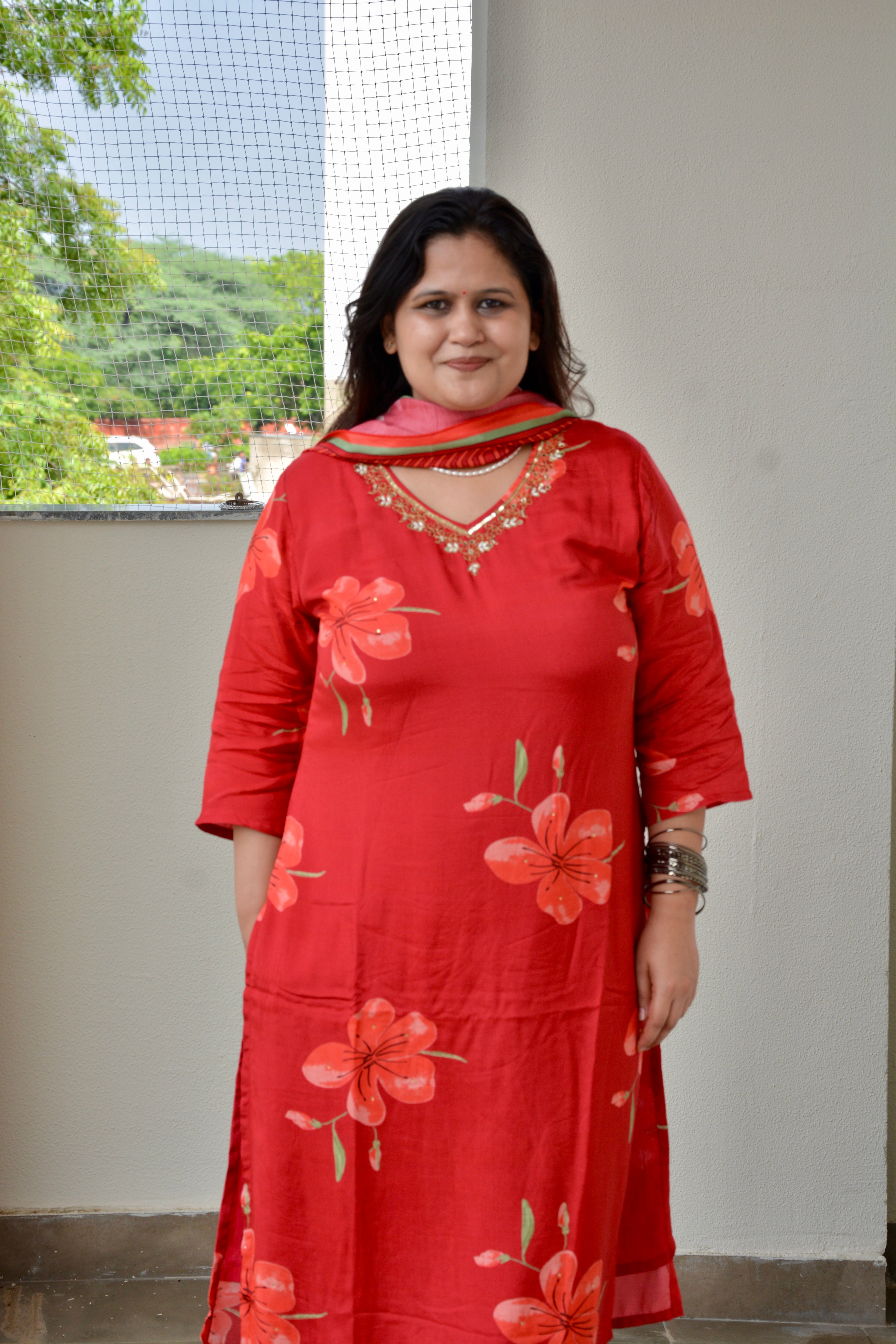 Red Muslin Embroidered Suit Set
