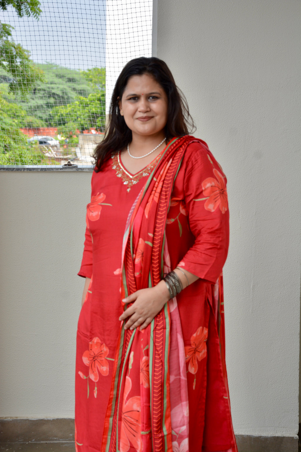 Red Muslin Embroidered Suit Set