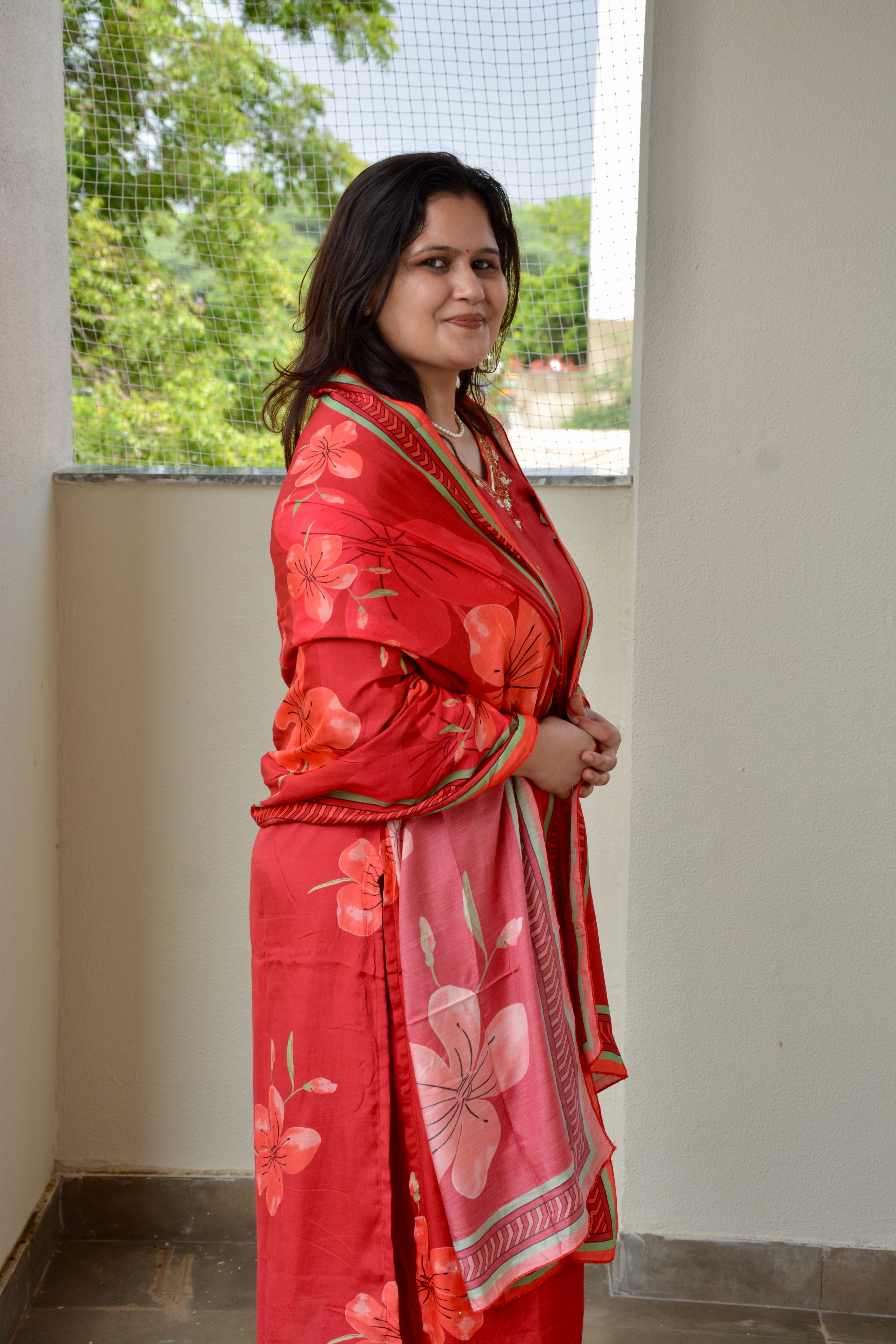 Red Muslin Embroidered Suit Set