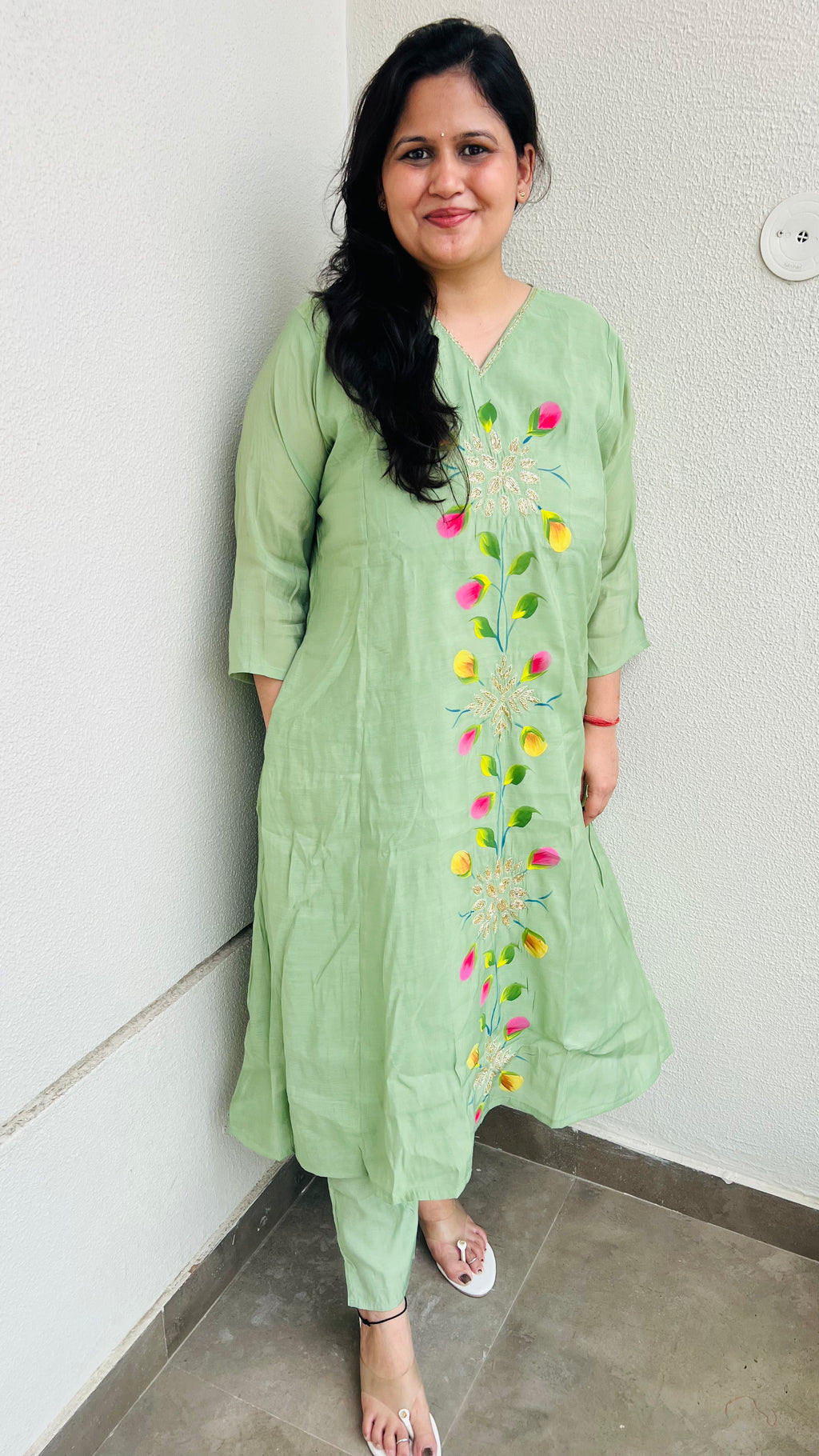 Pistachio A-Line Hand Painted Suit Set with minimal Handwork