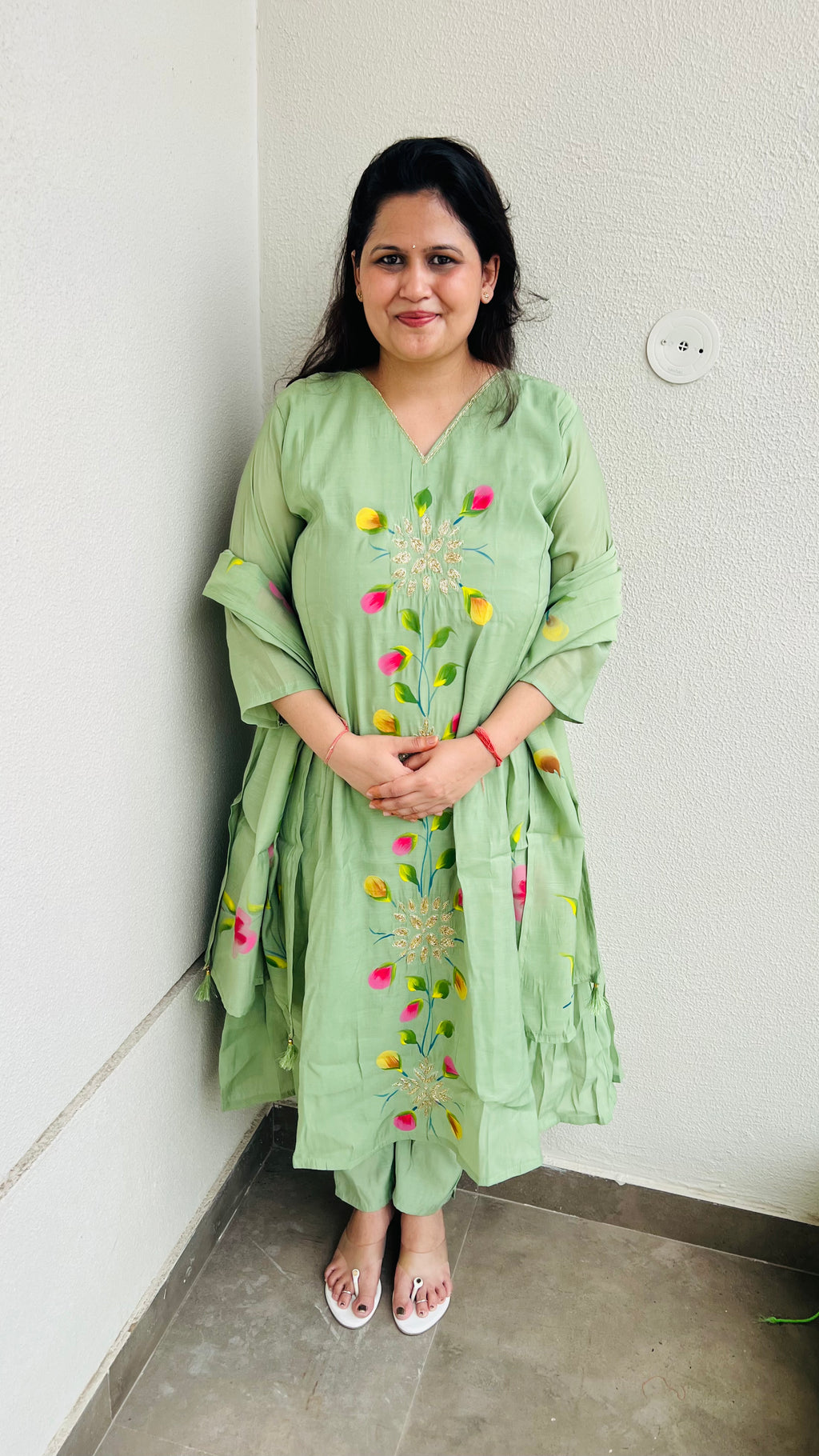 Pistachio A-Line Hand Painted Suit Set with minimal Handwork