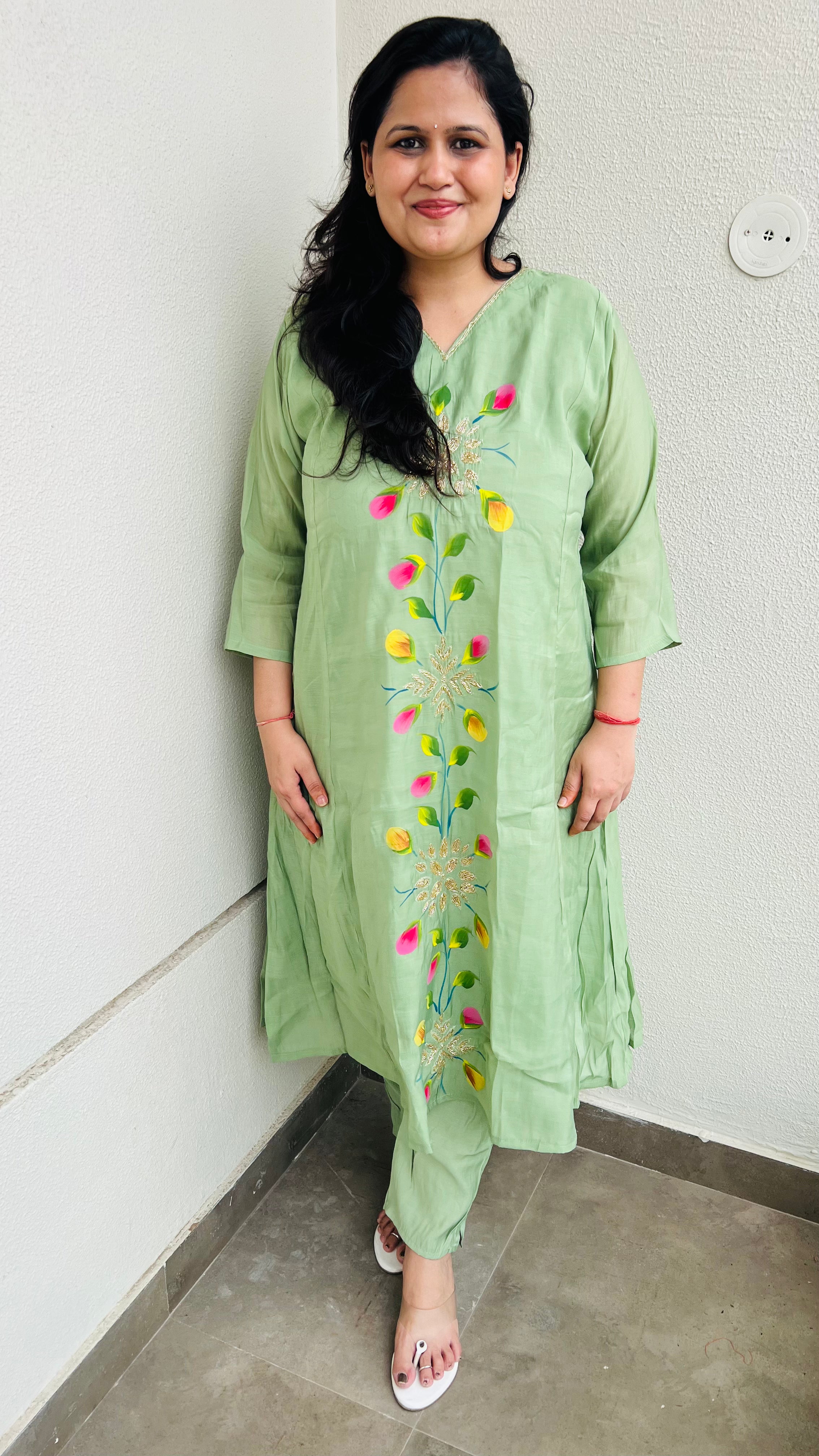 Pistachio A-Line Hand Painted Suit Set with minimal Handwork