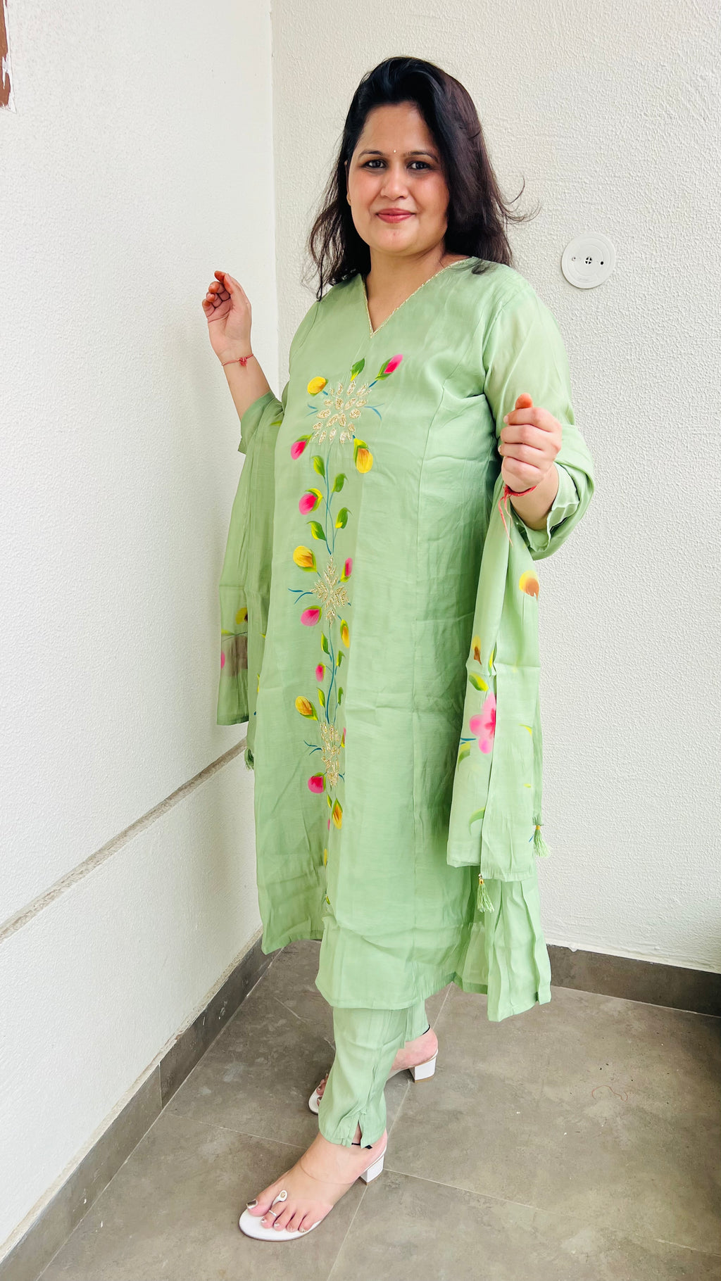 Pistachio A-Line Hand Painted Suit Set with minimal Handwork
