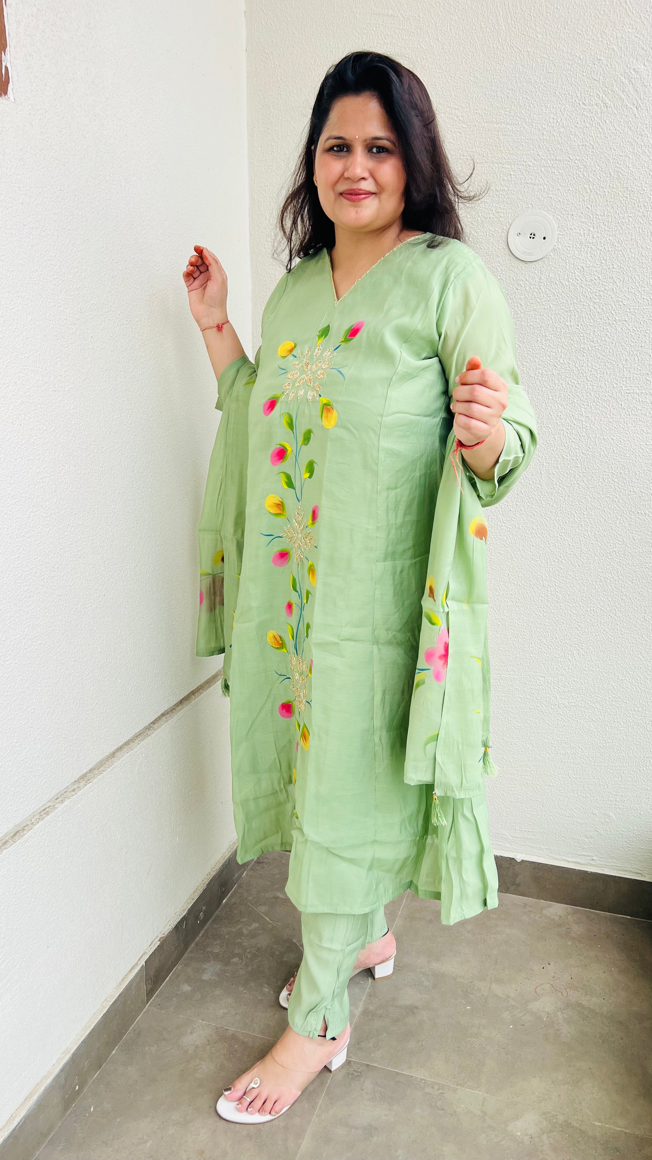 Pistachio A-Line Hand Painted Suit Set with minimal Handwork