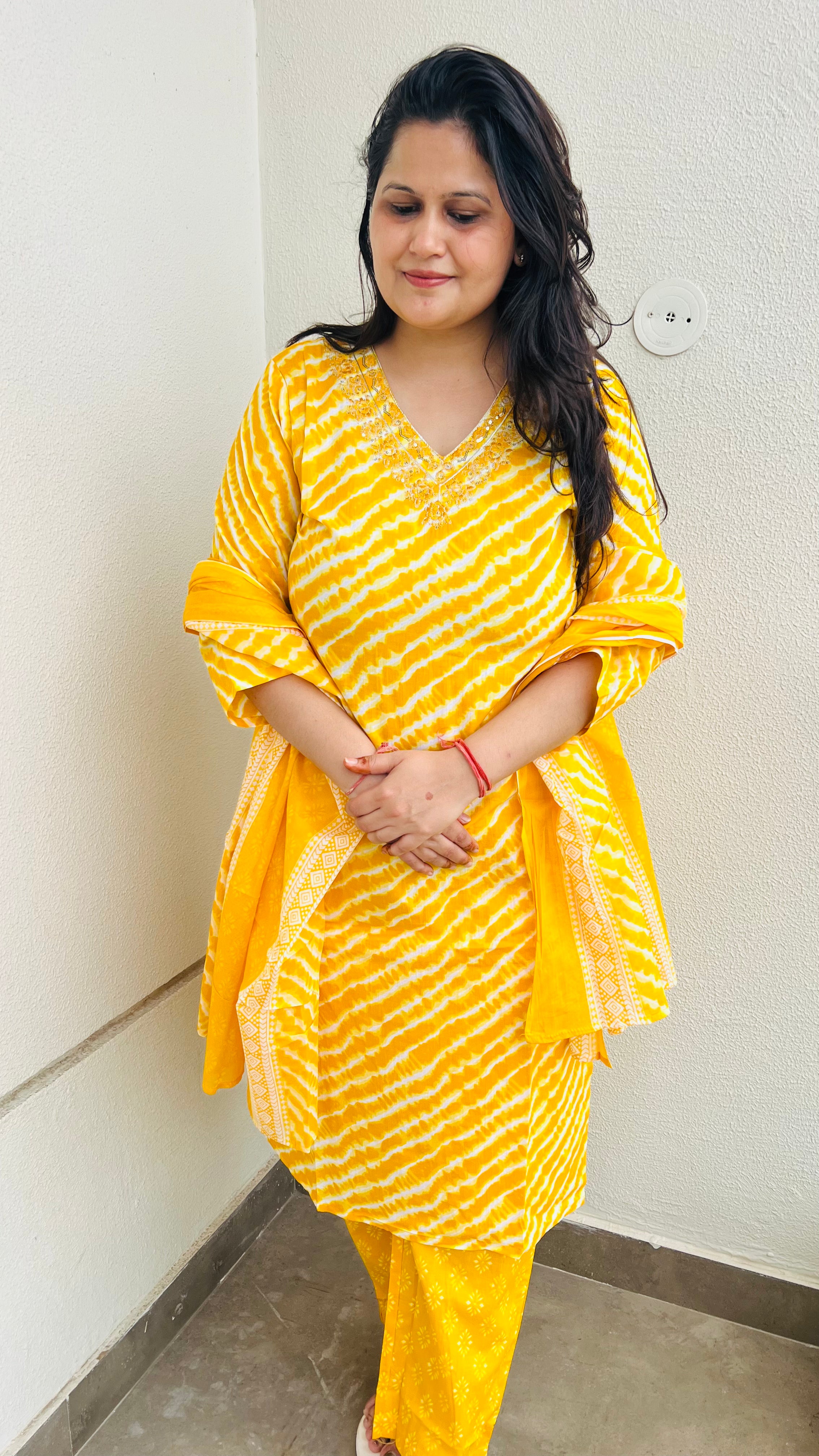 Yellow Cotton Lehariya Suit Set