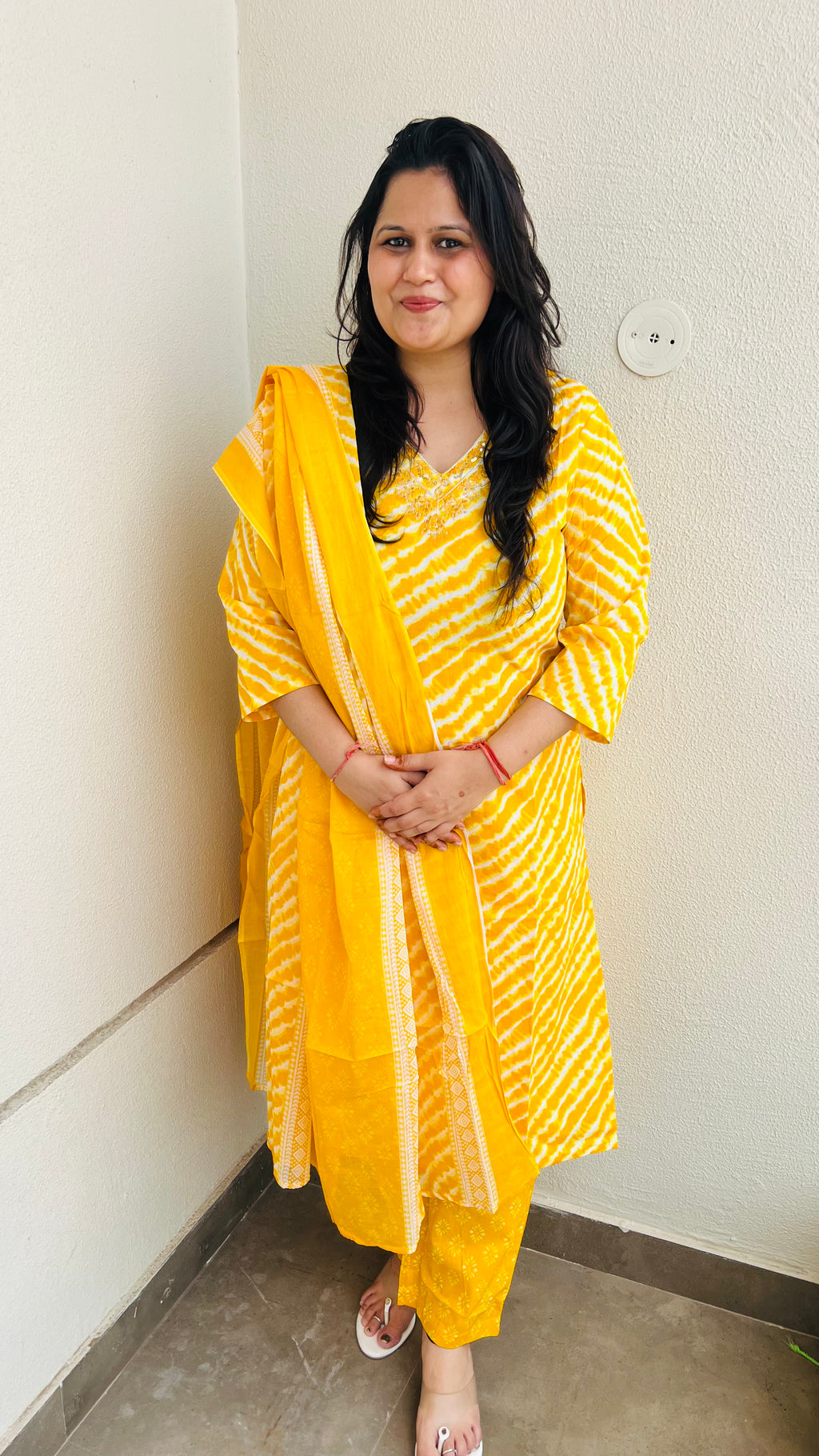 Yellow Cotton Lehariya Suit Set