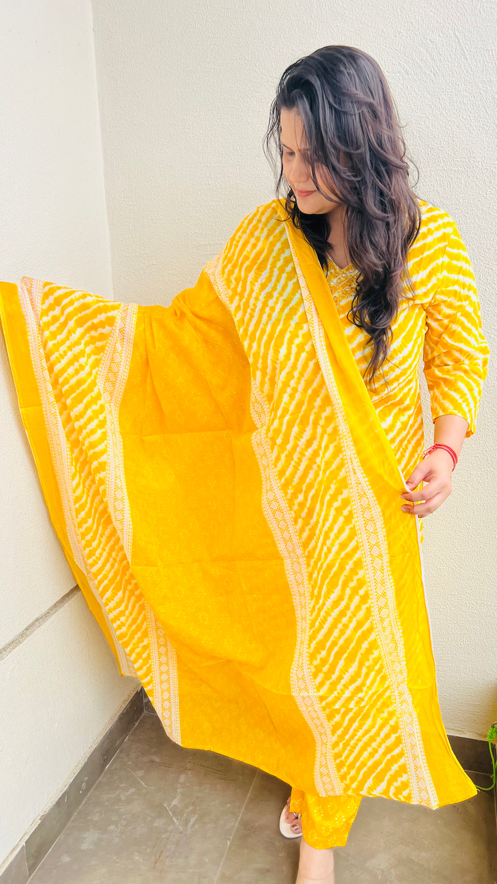Yellow Cotton Lehariya Suit Set