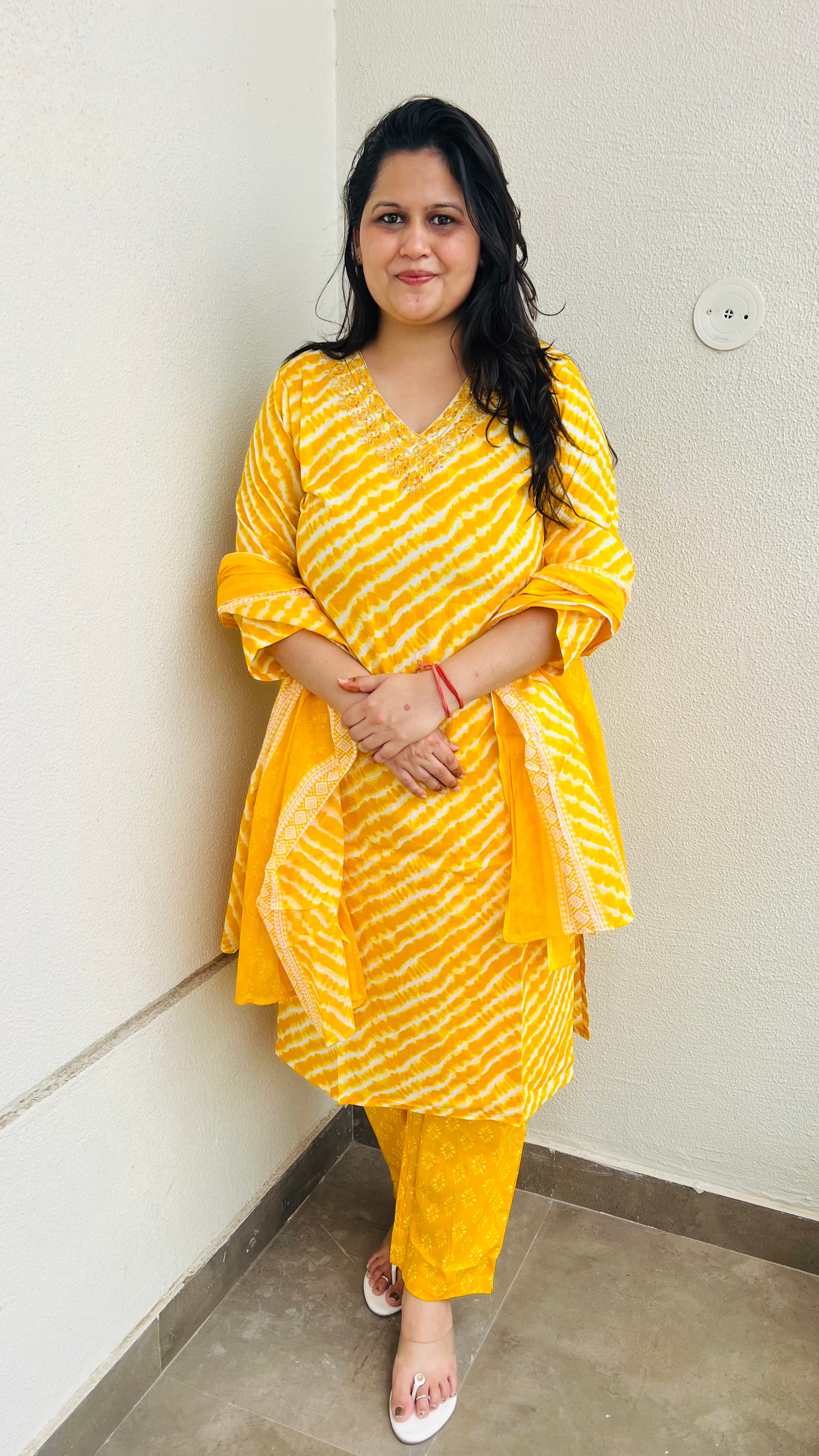 Yellow Cotton Lehariya Suit Set