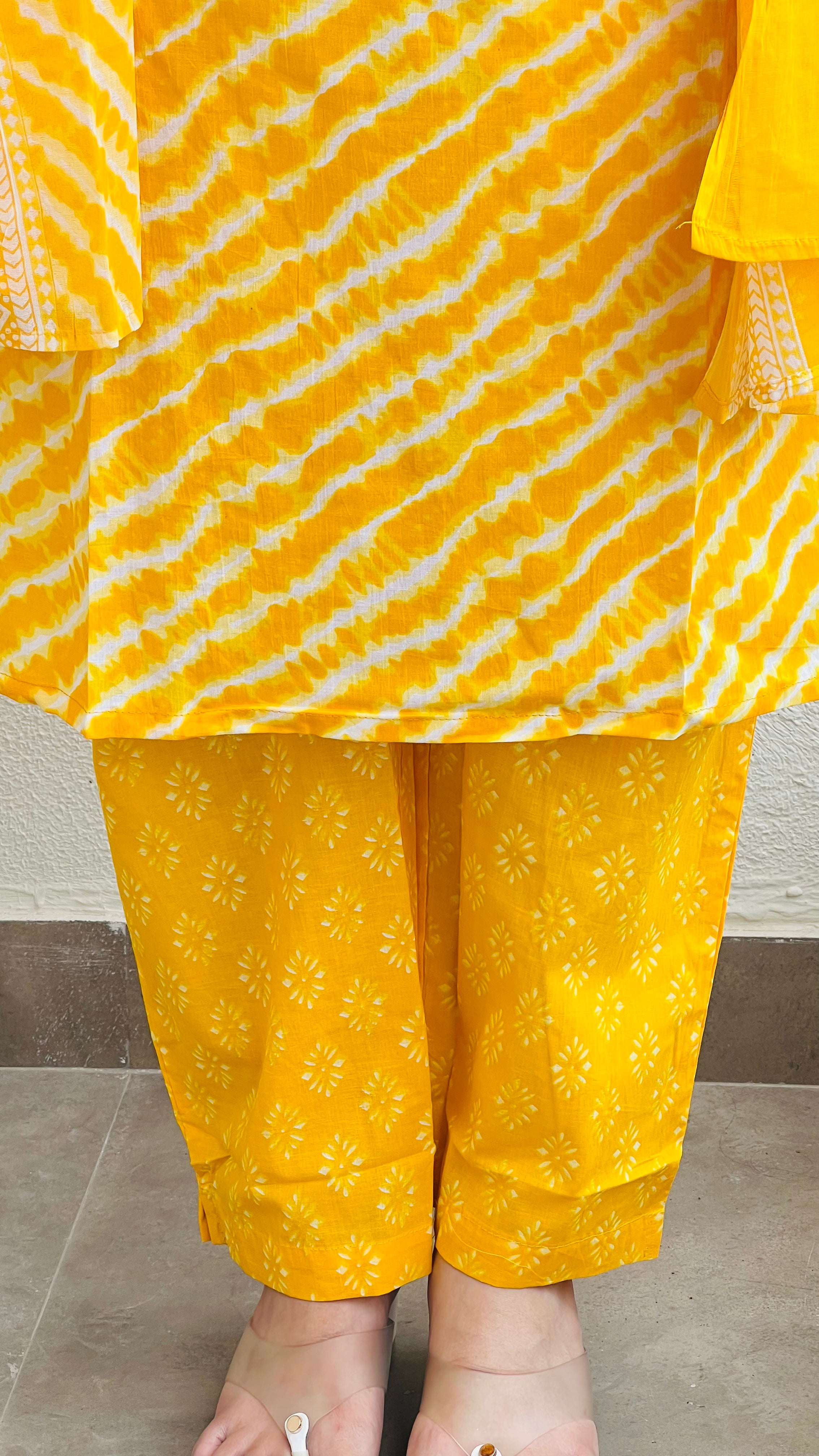 Yellow Cotton Lehariya Suit Set
