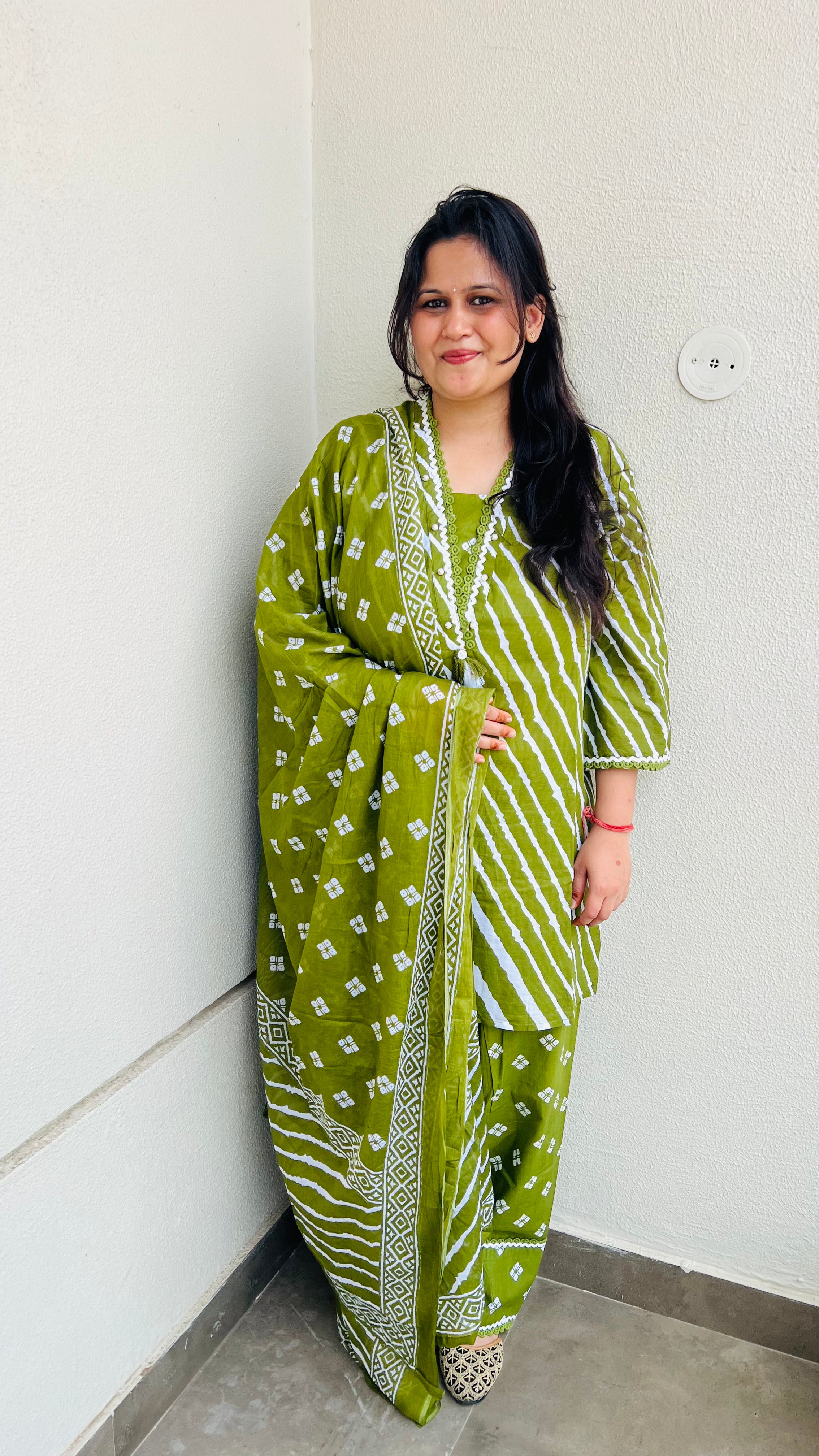 Green Printed Cotton Suit Set with Farshi Salwar