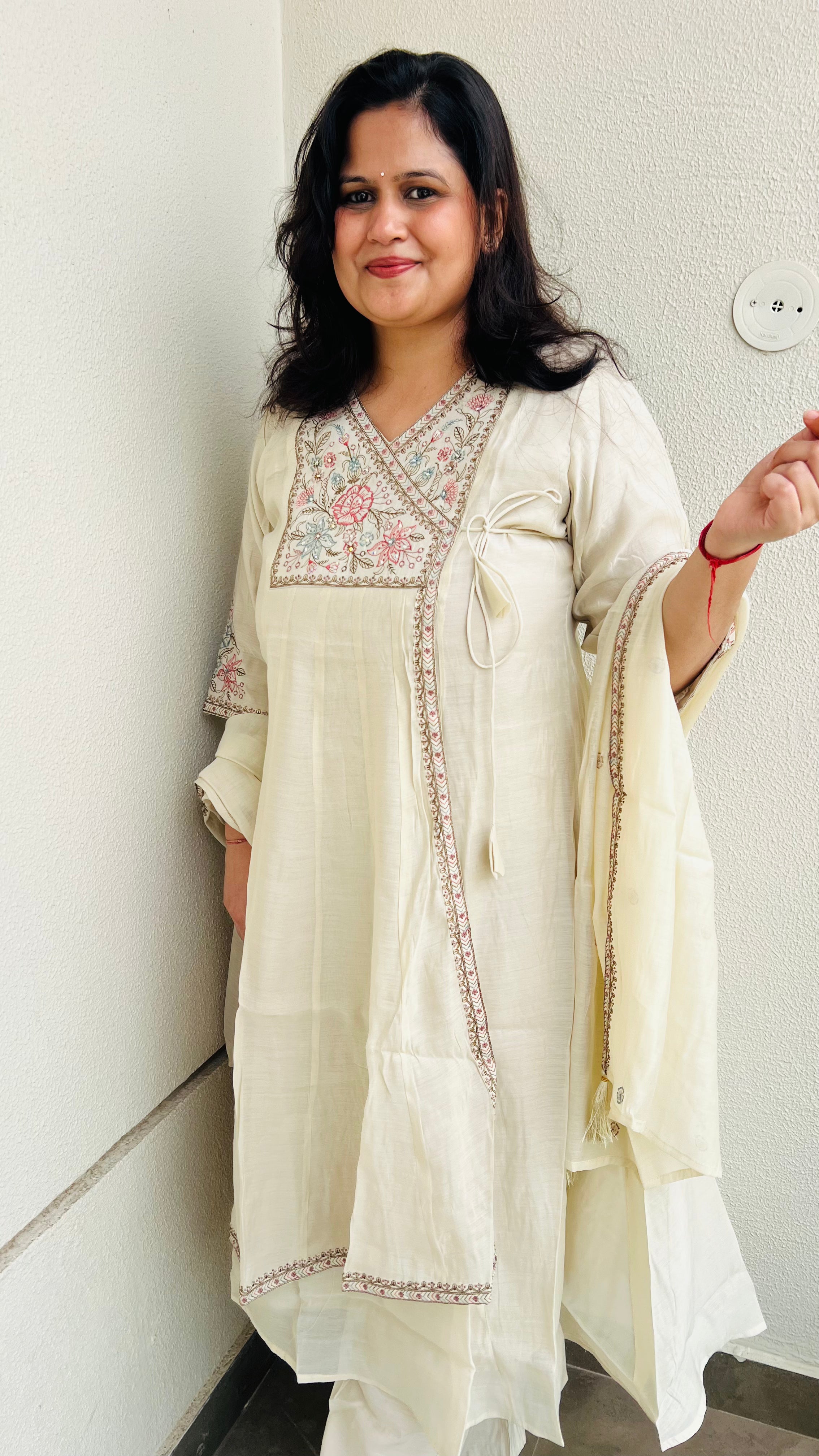Cream Ivory Embroidered Angrakha Suit Set
