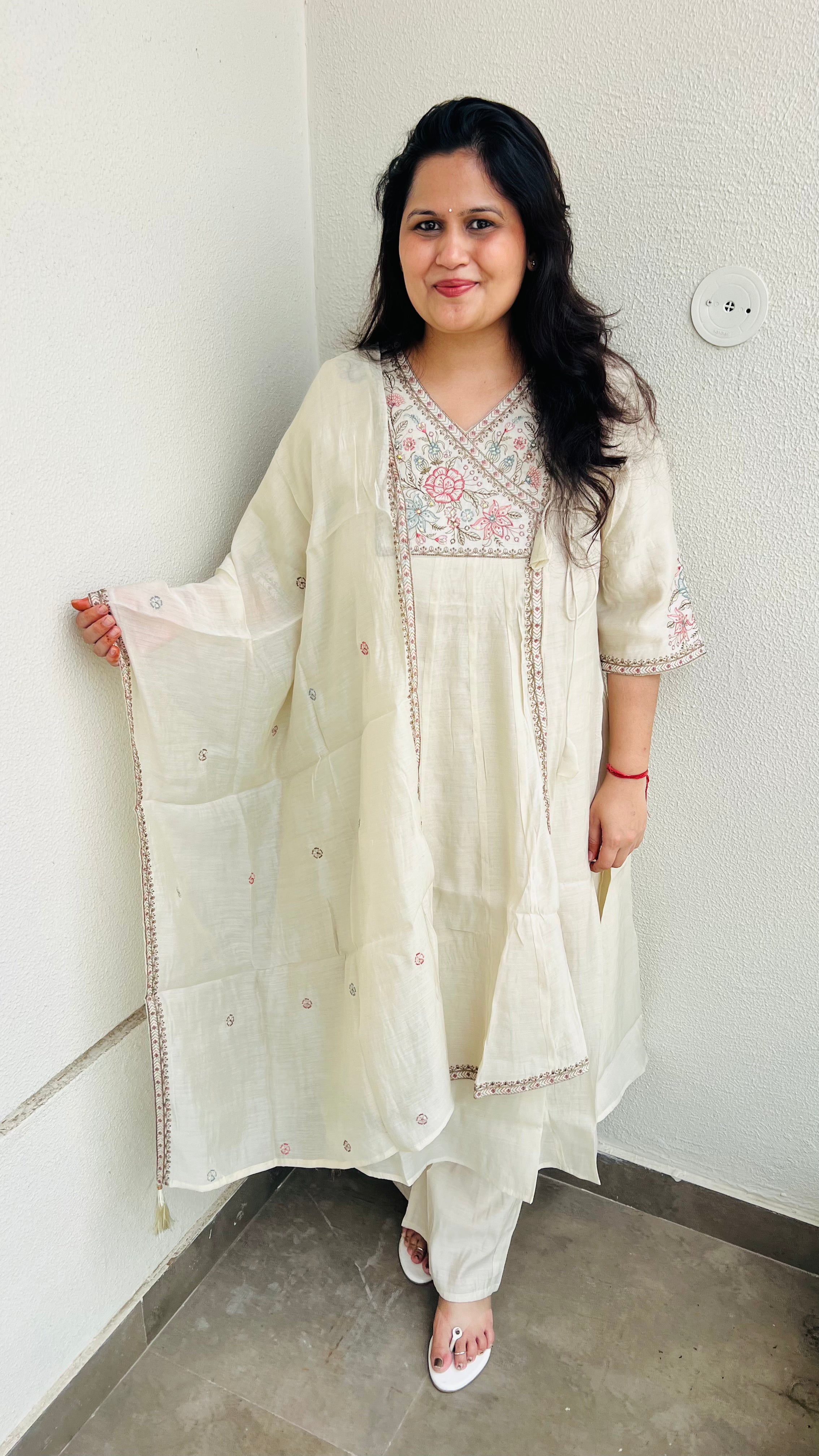 Cream Ivory Embroidered Angrakha Suit Set
