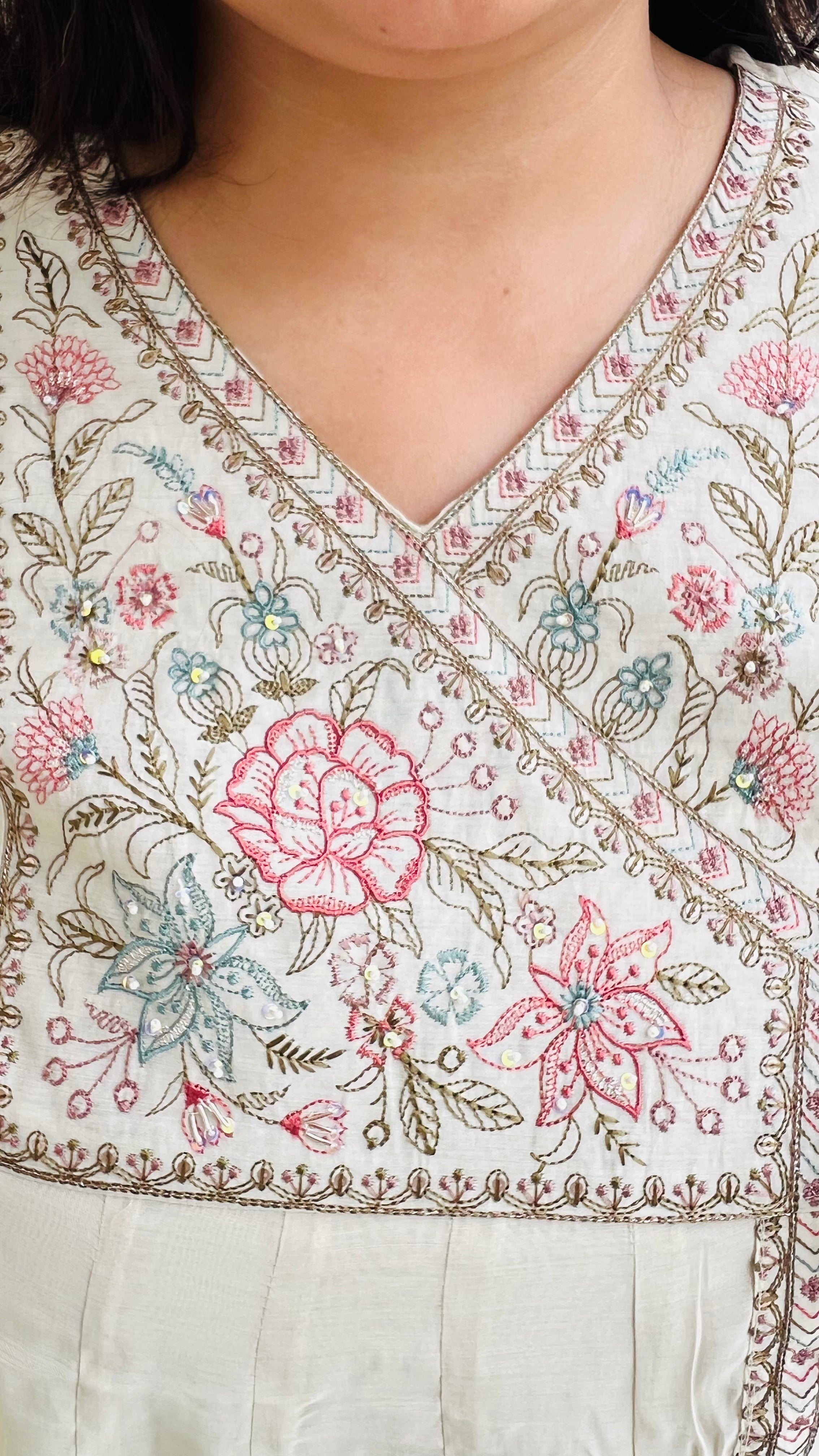 Cream Ivory Embroidered Angrakha Suit Set