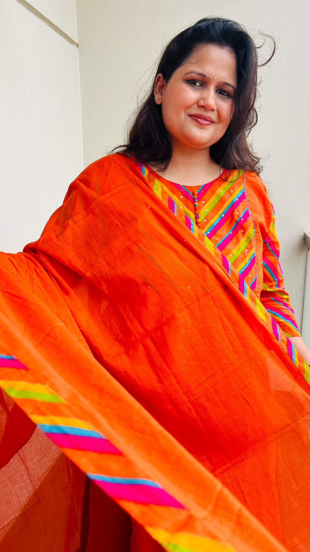 Orange Lehariya Printed Cotton Suit Set with Palazzo Pants