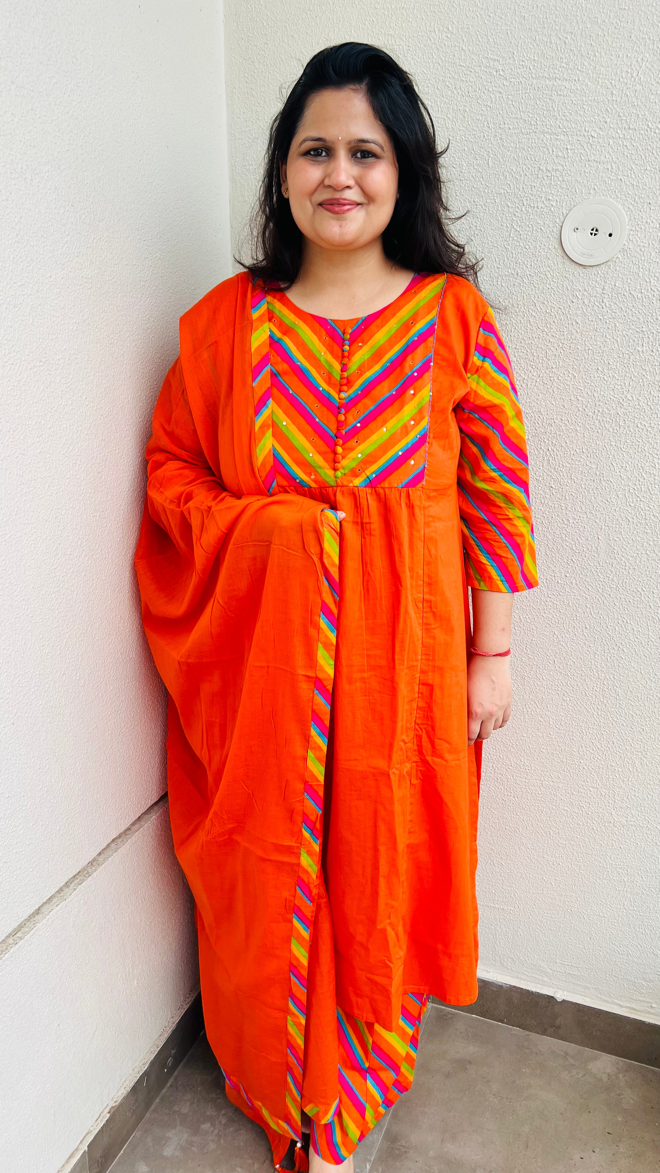 Orange Lehariya Printed Cotton Suit Set with Palazzo Pants