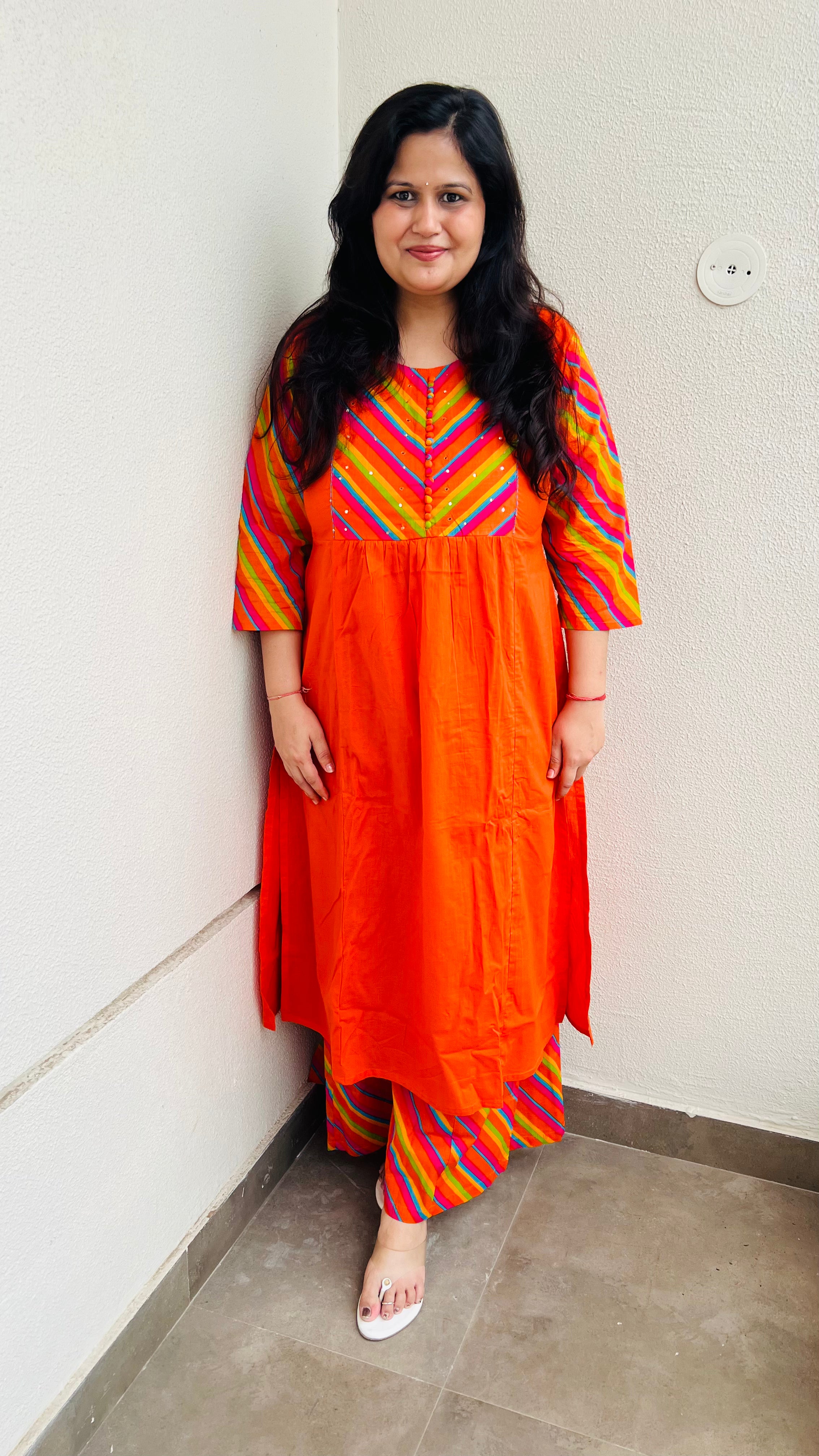 Orange Lehariya Printed Cotton Suit Set with Palazzo Pants