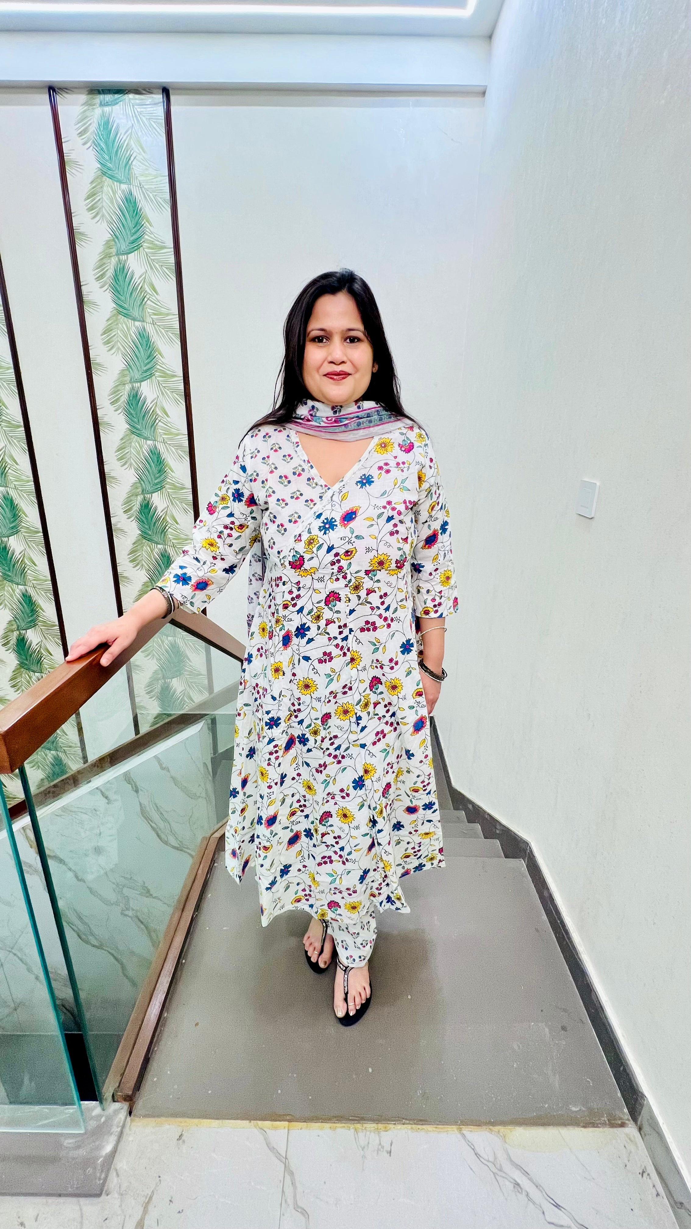 White Printed A-Line Cotton Suit Set