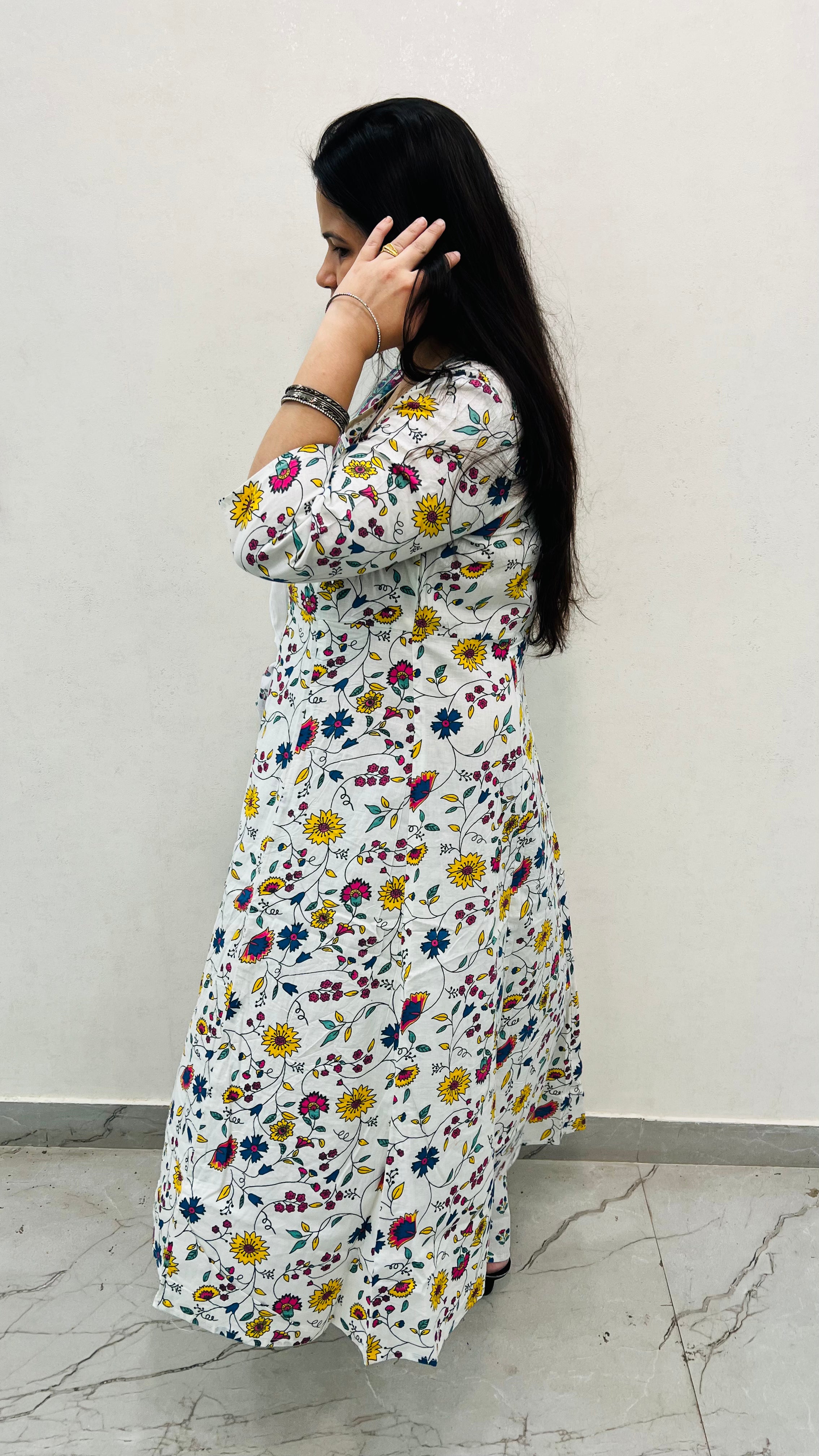 White Printed A-Line Cotton Suit Set