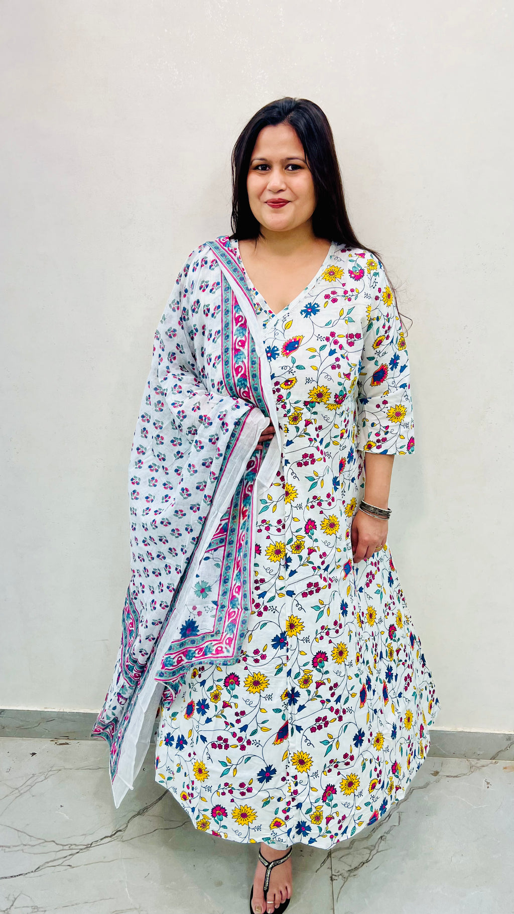 White Printed A-Line Cotton Suit Set