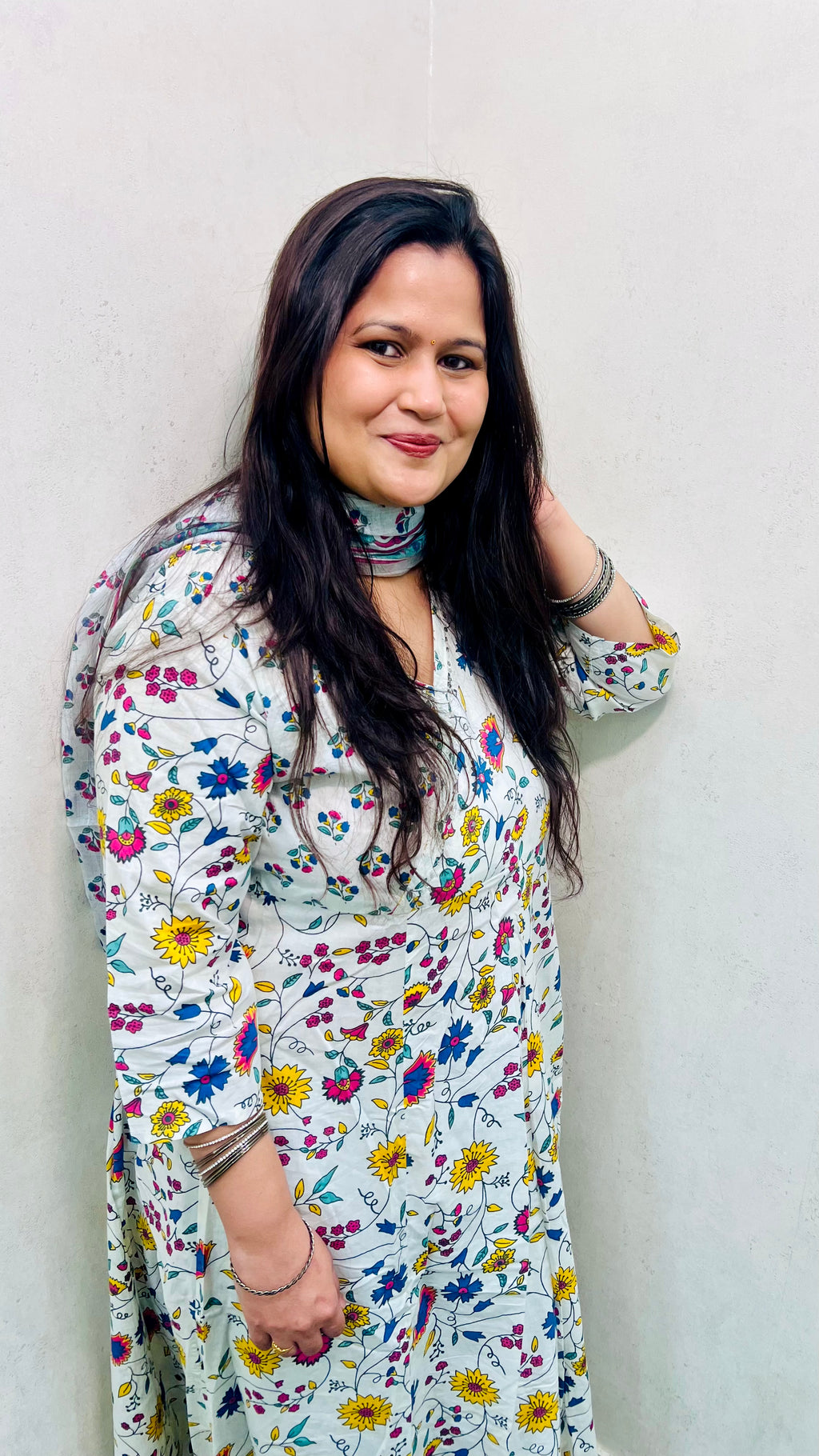 White Printed A-Line Cotton Suit Set