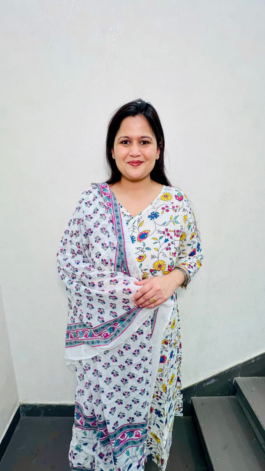 White Printed A-Line Cotton Suit Set