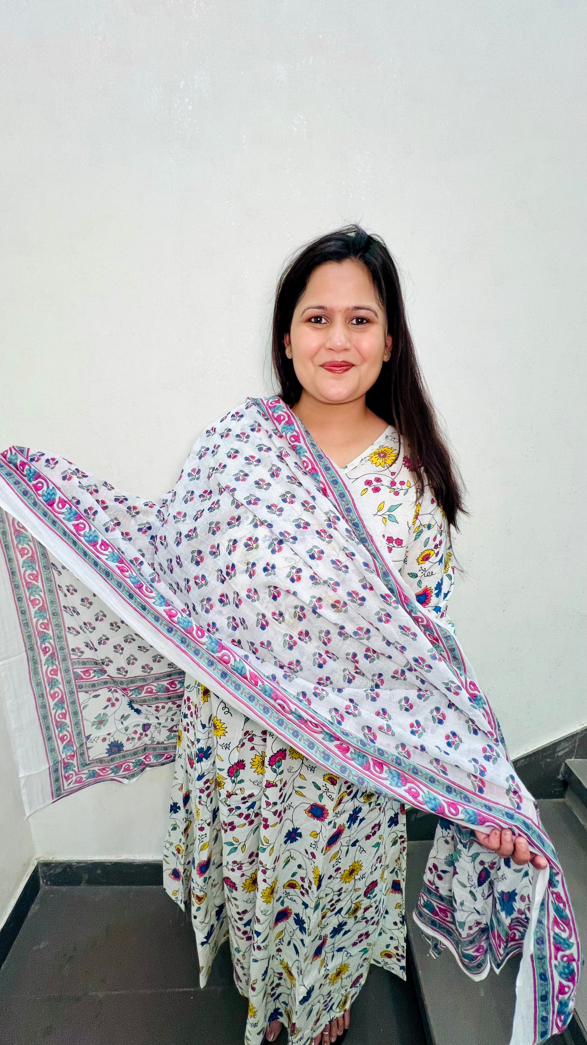 White Printed A-Line Cotton Suit Set