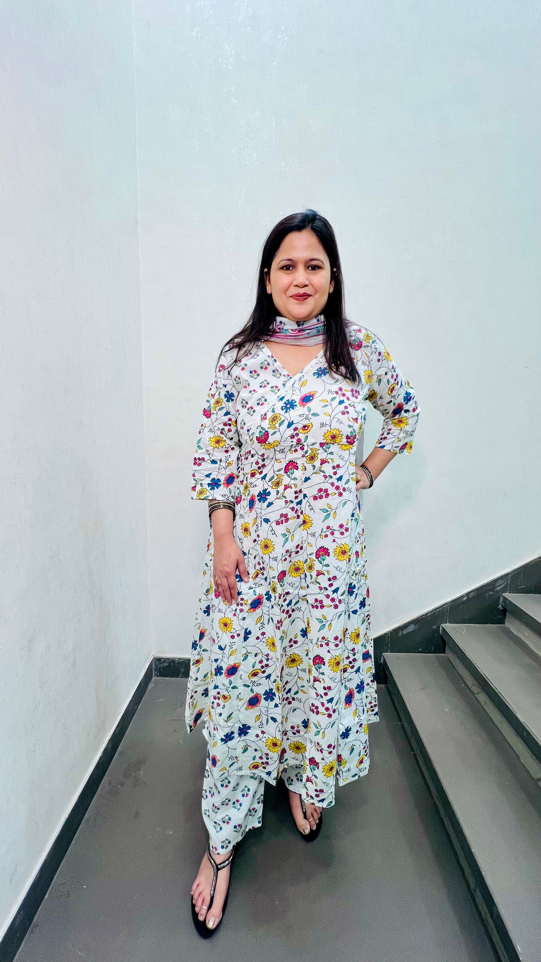 White Printed A-Line Cotton Suit Set