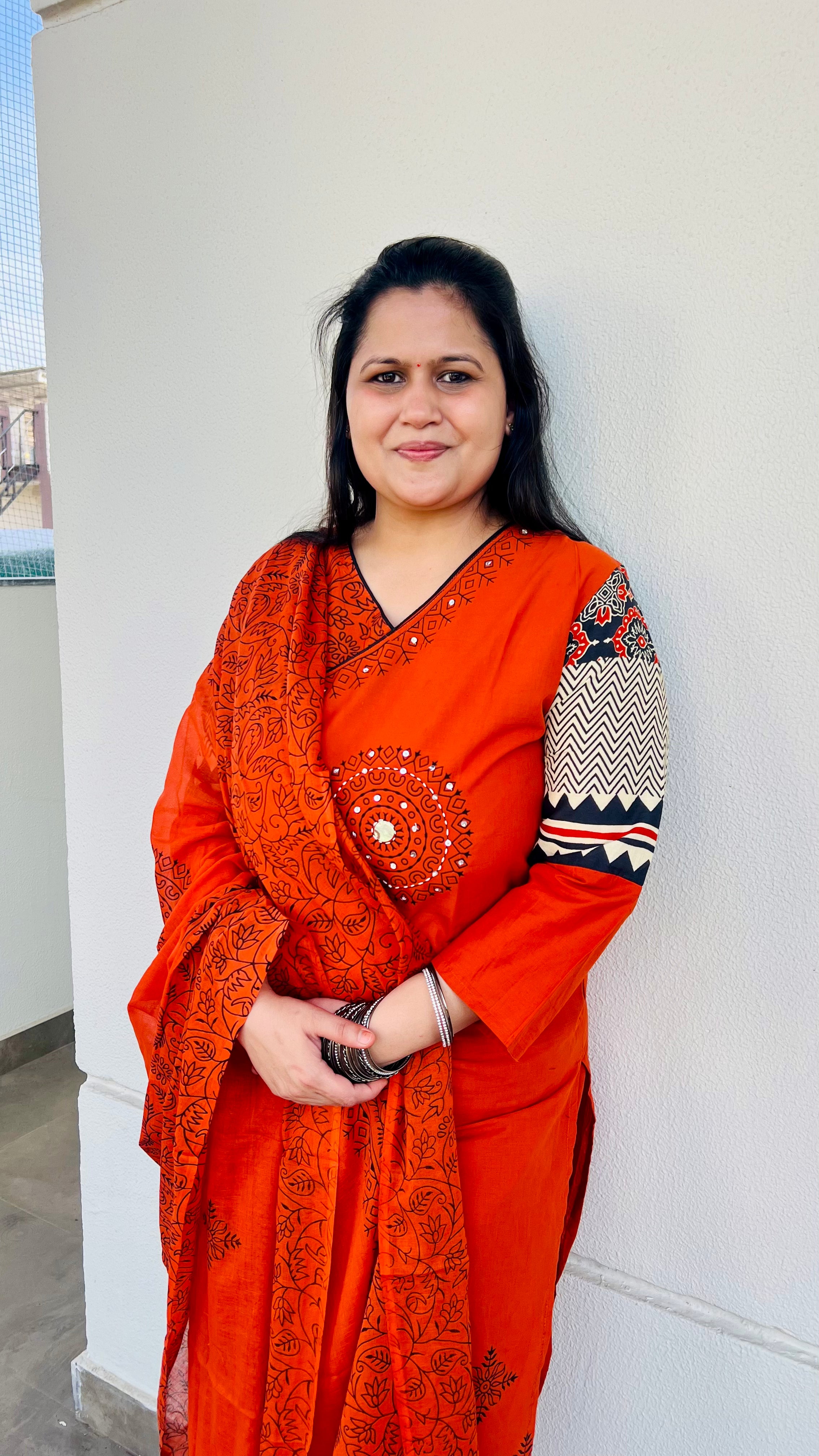 Rust Orange Printed Cotton Kurta Suit Set