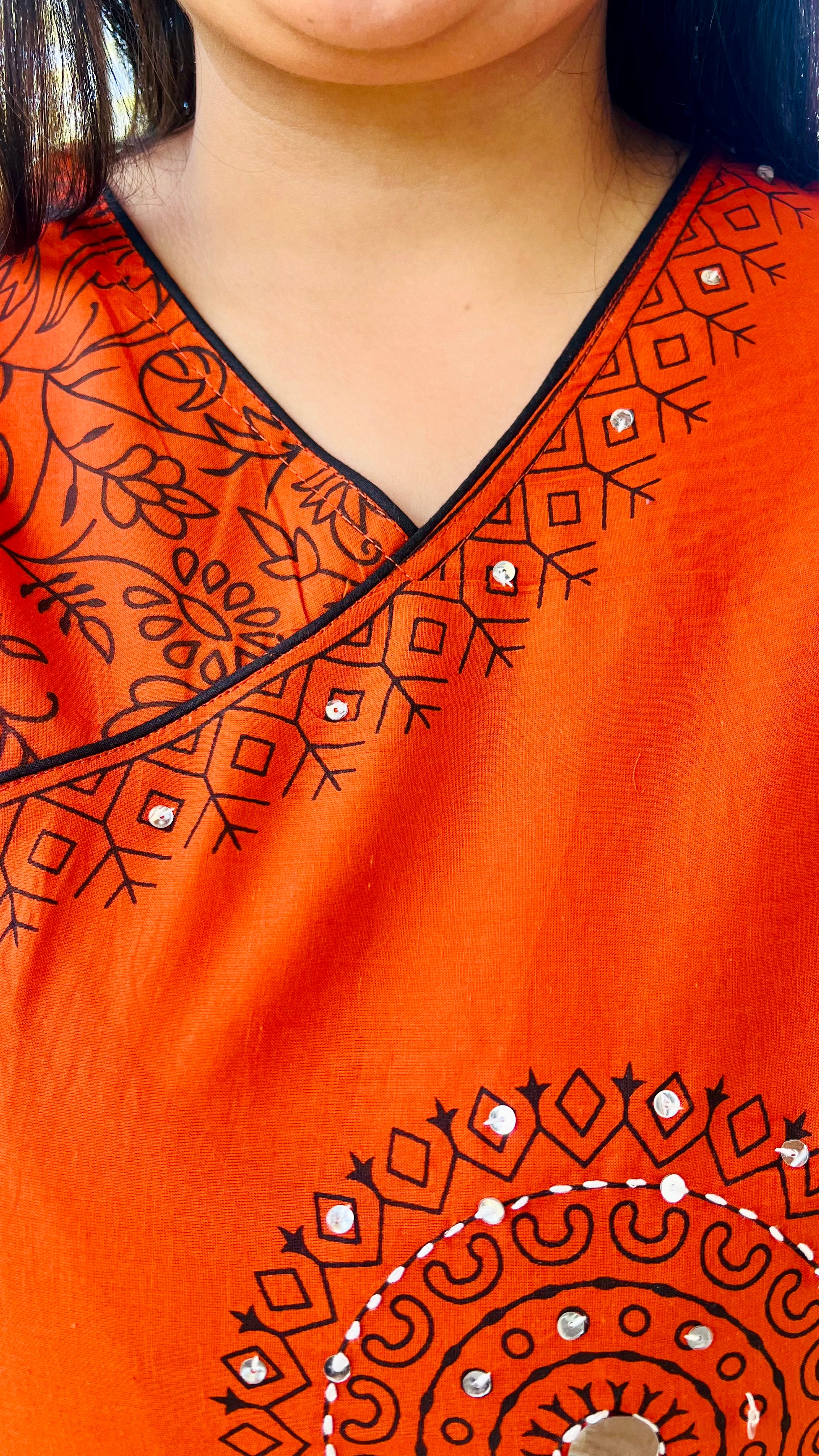 Rust Orange Printed Cotton Kurta Suit Set