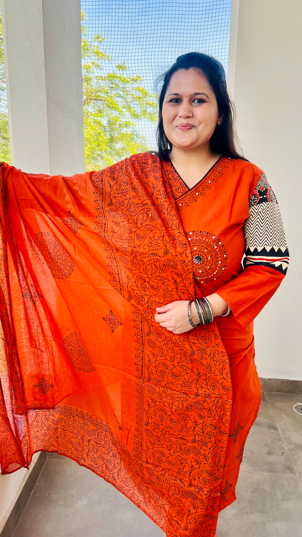 Rust Orange Printed Cotton Kurta Suit Set